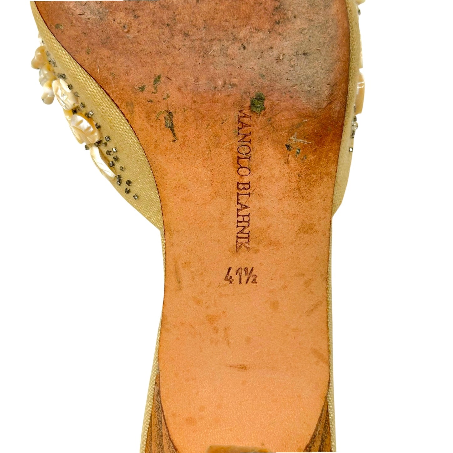 Manolo Blahnik Beige & Mother of Pearl Beaded Kitten Heel Mules
