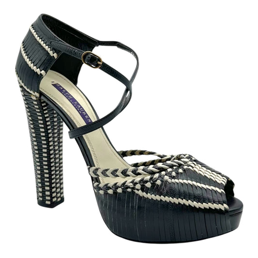 Ralph Lauren Purple Label Black & White Woven Leather Platform Sandal Heels - Outfit Repeater
