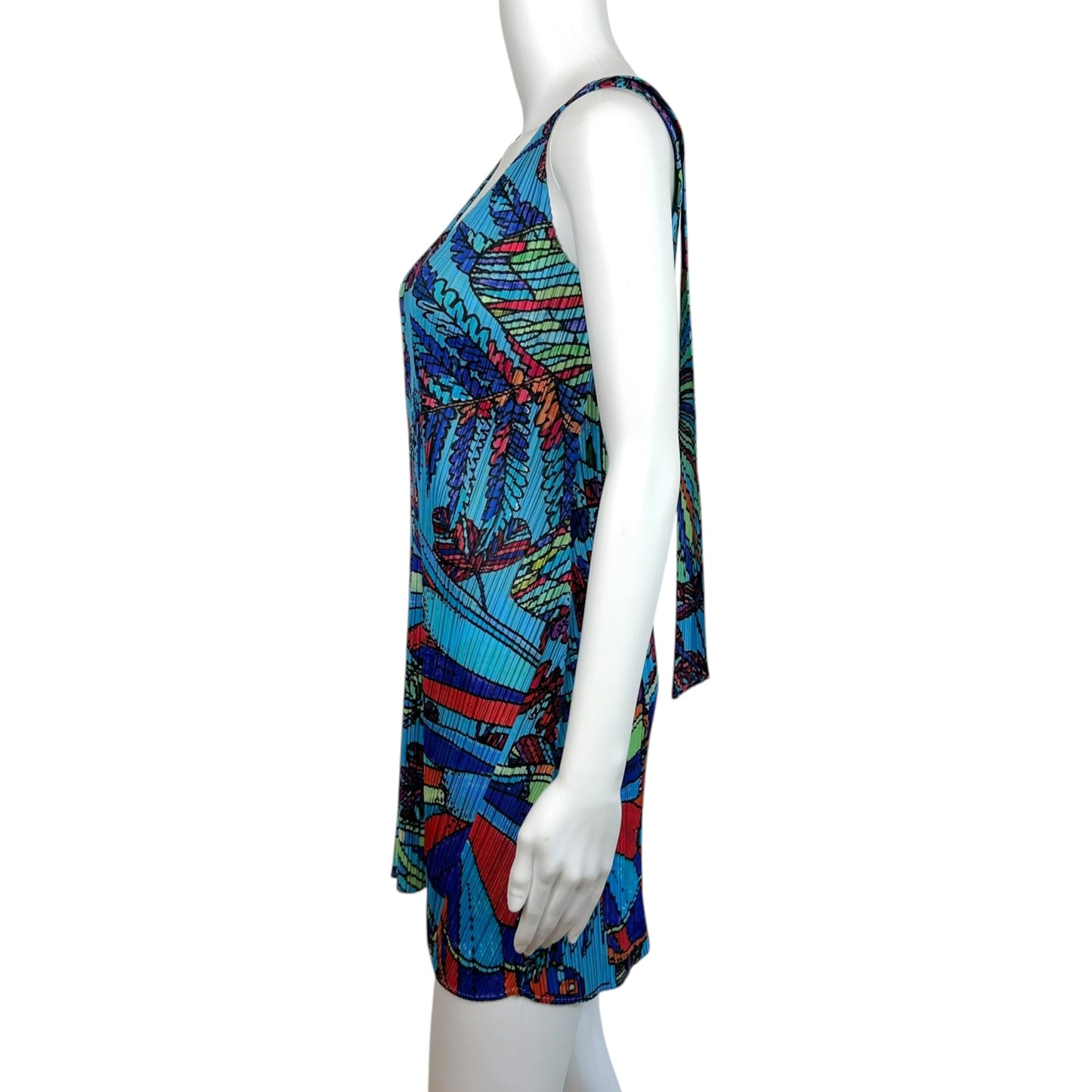 Issey Miyake Pleats Please Blue Multi Floral & Butterfly Print Pleated Halter Mini Dress
