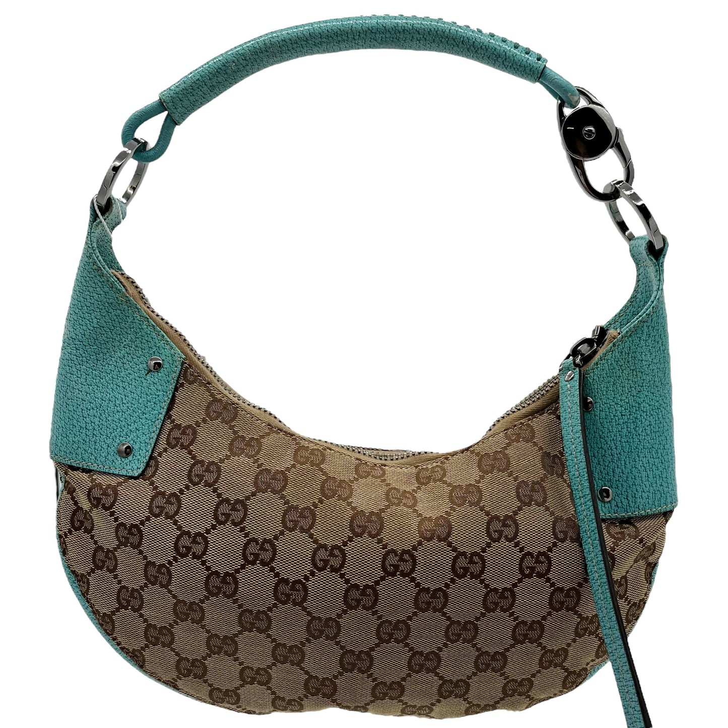 Gucci Teal & Tan Monogram Crescent Shoulder Bag