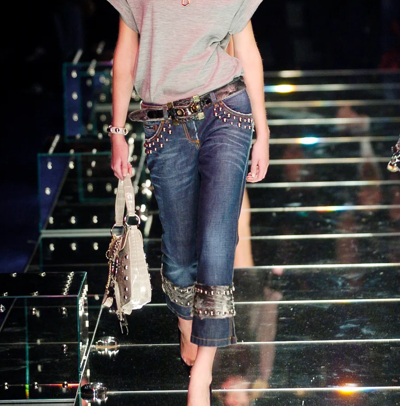 Dolce & Gabbana Denim Capri Pants Blue Fur Trim Studded