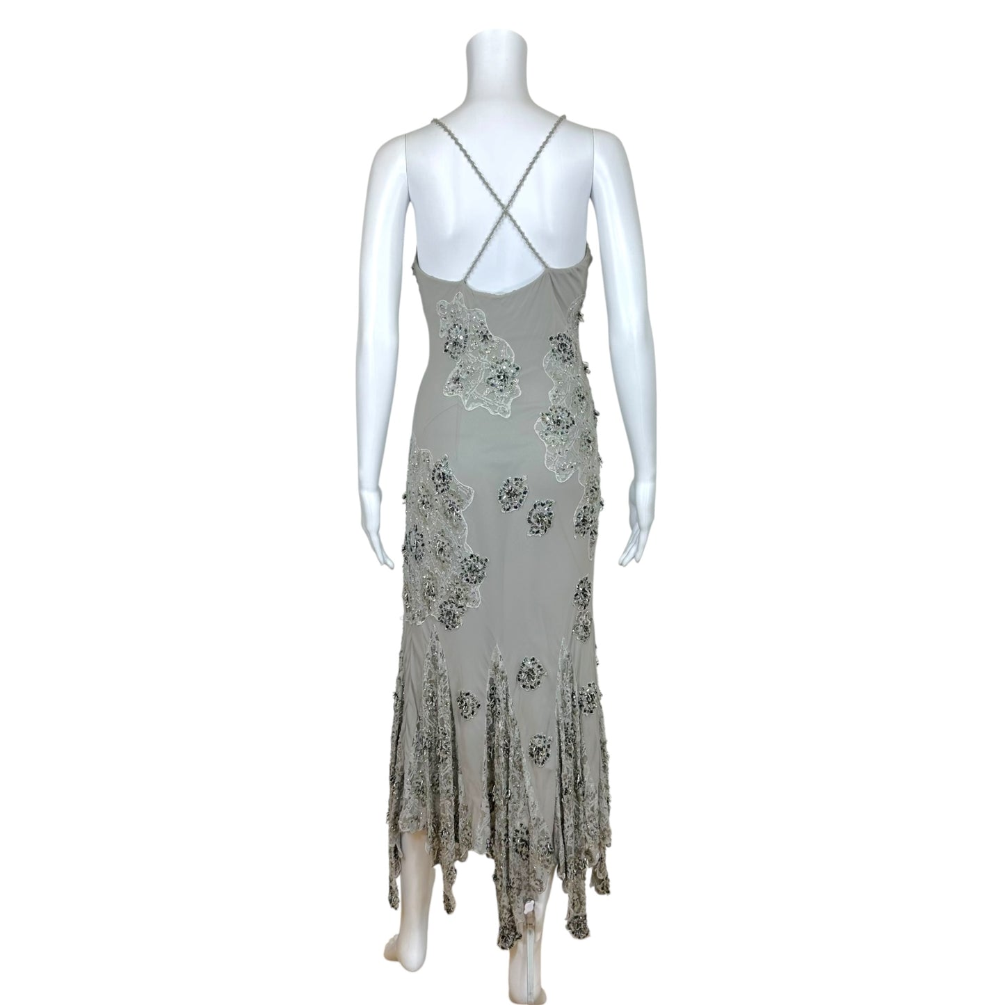 Sue Wong Gray & Silver Beaded Silk & Lace Asymmetrical Hem Midi Dress