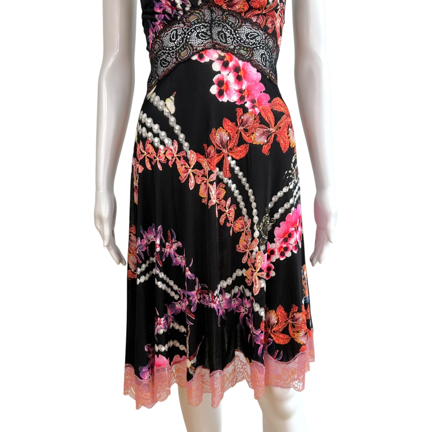 Roberto Cavalli Black Pink Floral Lace Trim Midi Dress