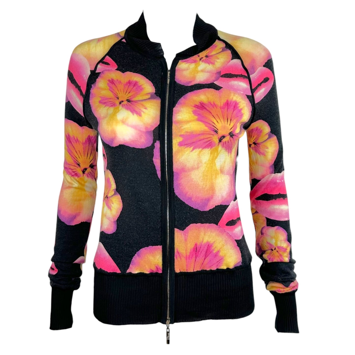 Christian Dior Silk Zip-Up Top Black Floral Lips Print