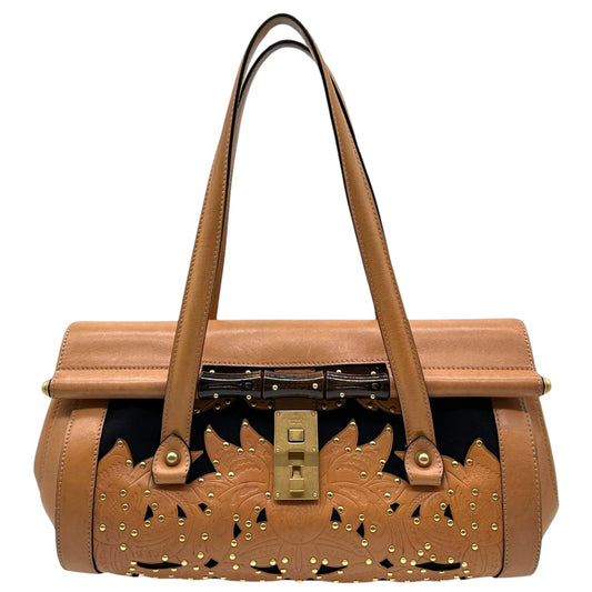 Gucci Tan Leather & Black Canvas Studded Bamboo Bullet Bag