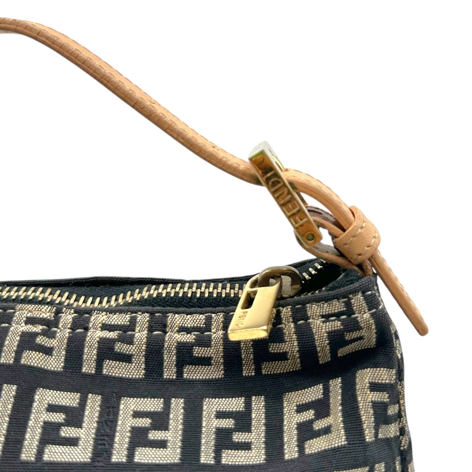 Fendi Black Zucchino Monogram Tan Leather Pochette Bag