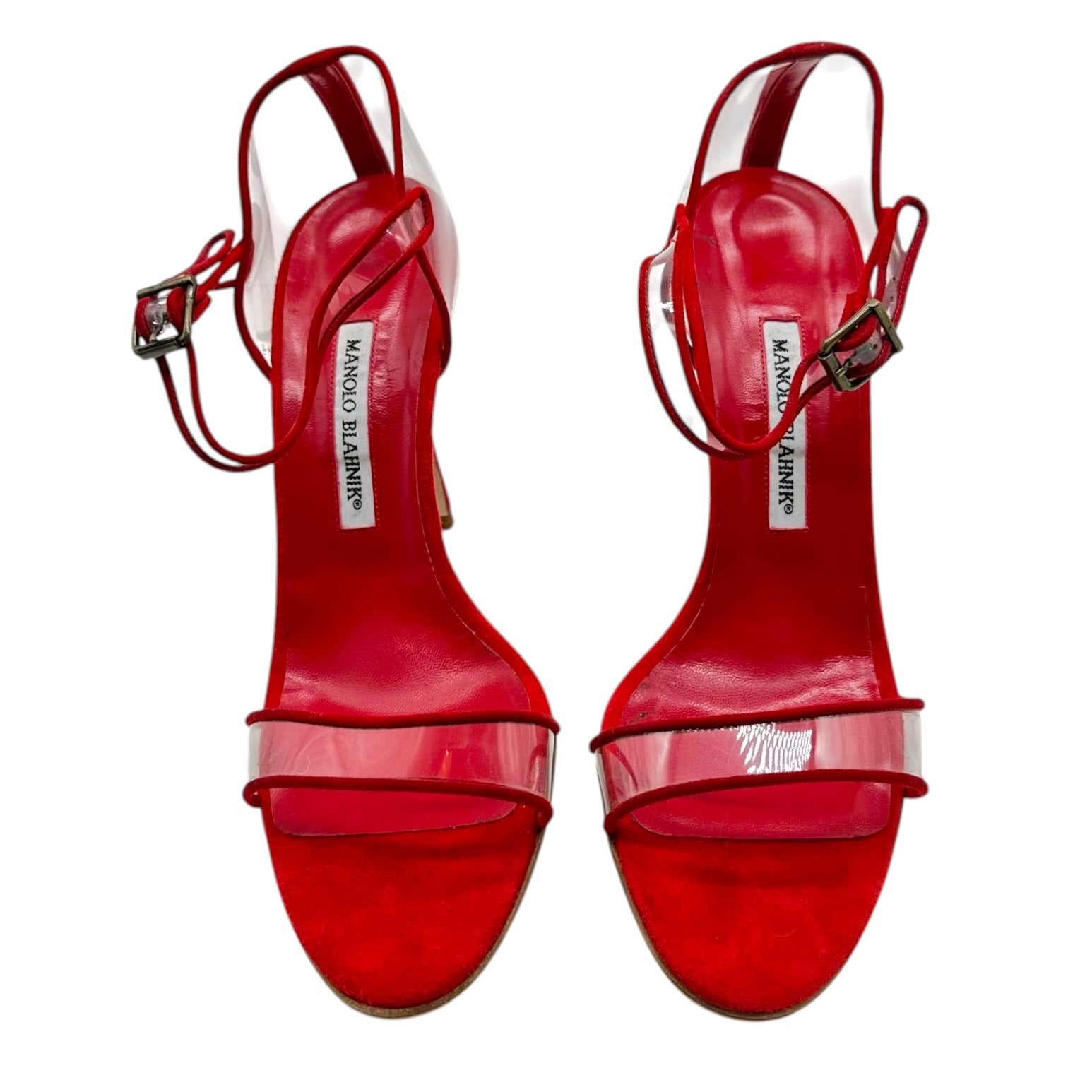 Manolo Blahnik Red Suede Clear PVC Sandal Heels