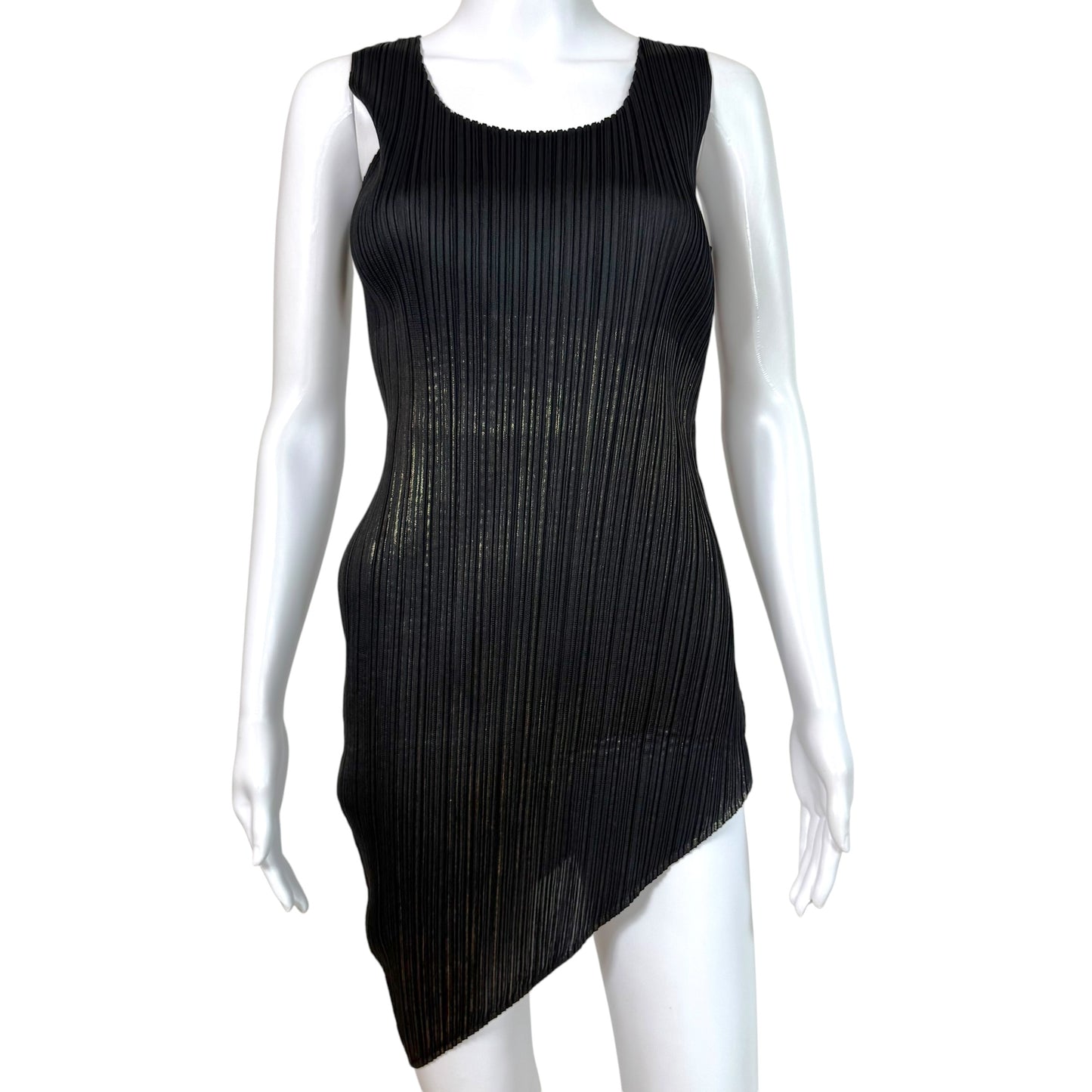Issey Miyake Pleats Please Black & Metallic Asymmetrical Mini Dress Sz 4