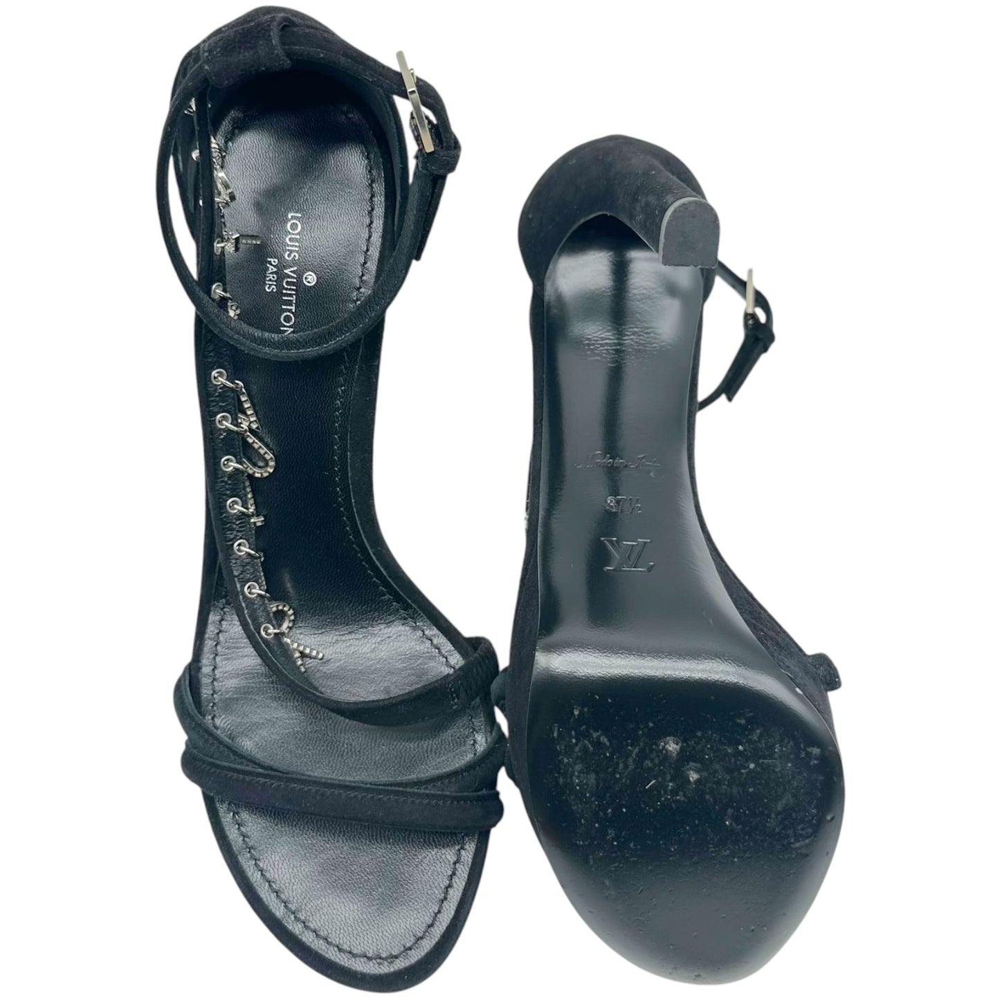 Louis Vuitton Melody Rhinestine Logo Charm Black Suede Platform Heeled Sandals