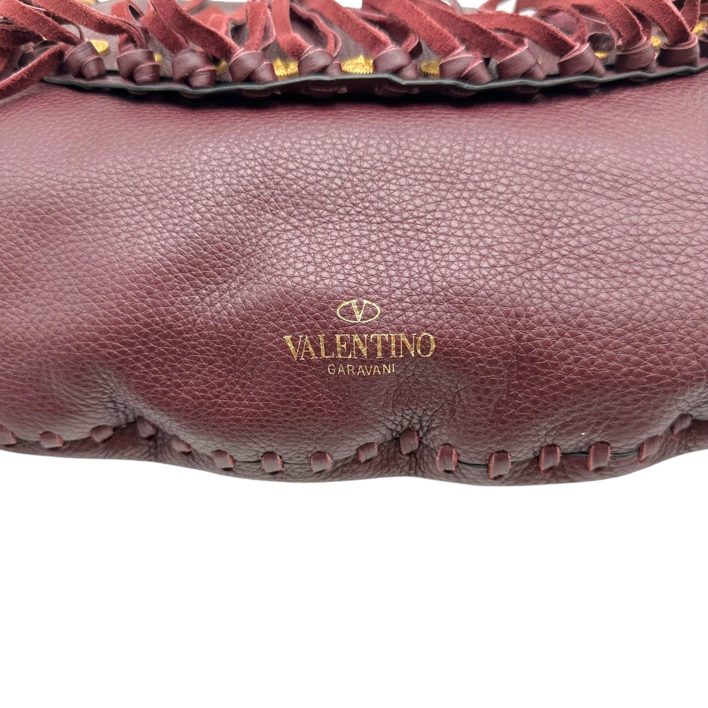 Valentino Garavani Burgundy & Gold Studded Fringe Satchel Bag