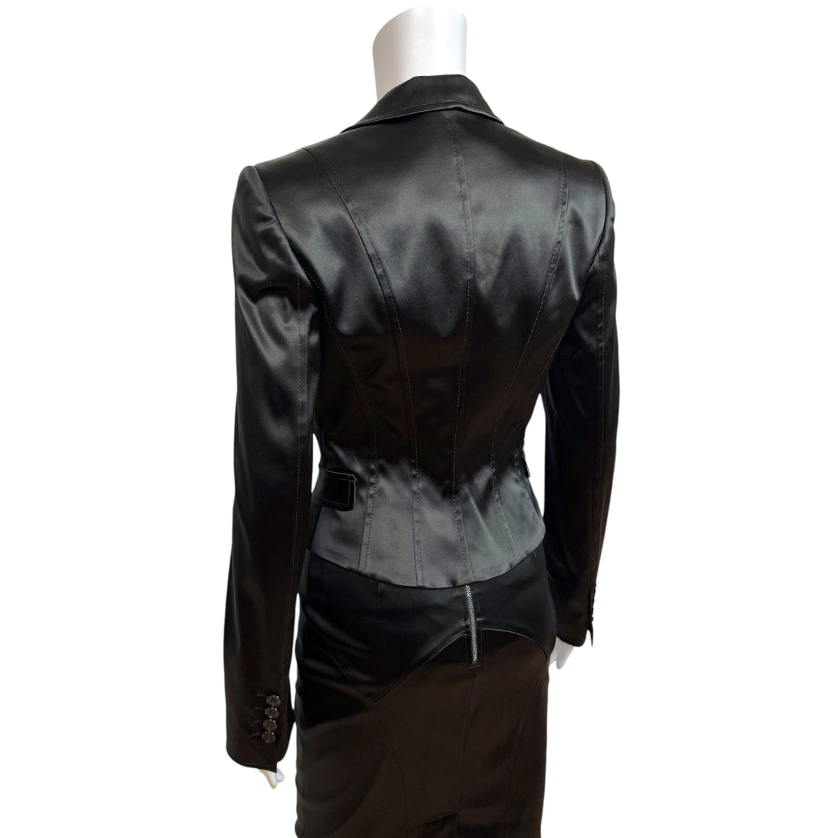 Dolce & Gabbana Black Satin Cropped Blazer Midi Skirt Suit