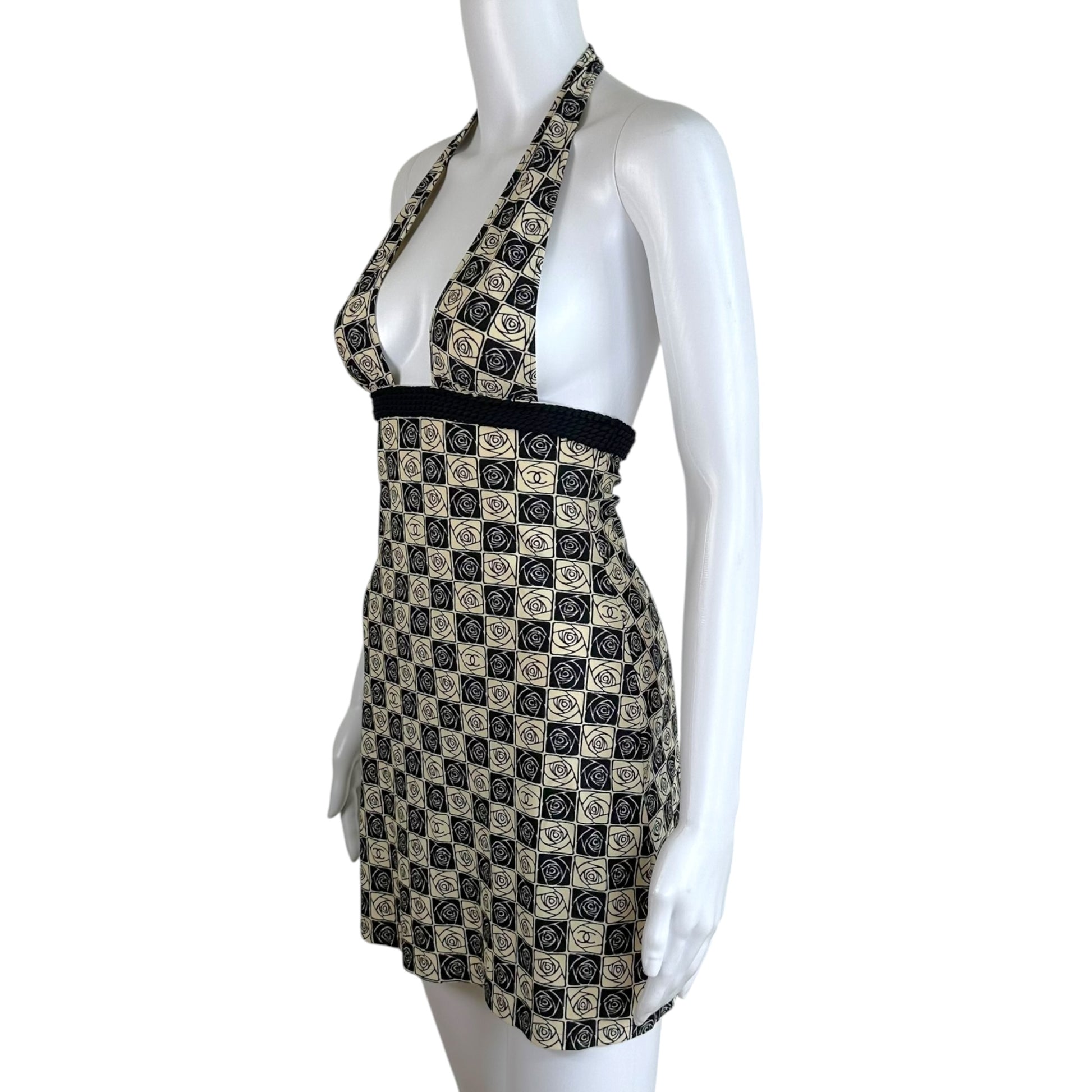 Chanel Halter Mini Dress Black Beige Camellia Print
