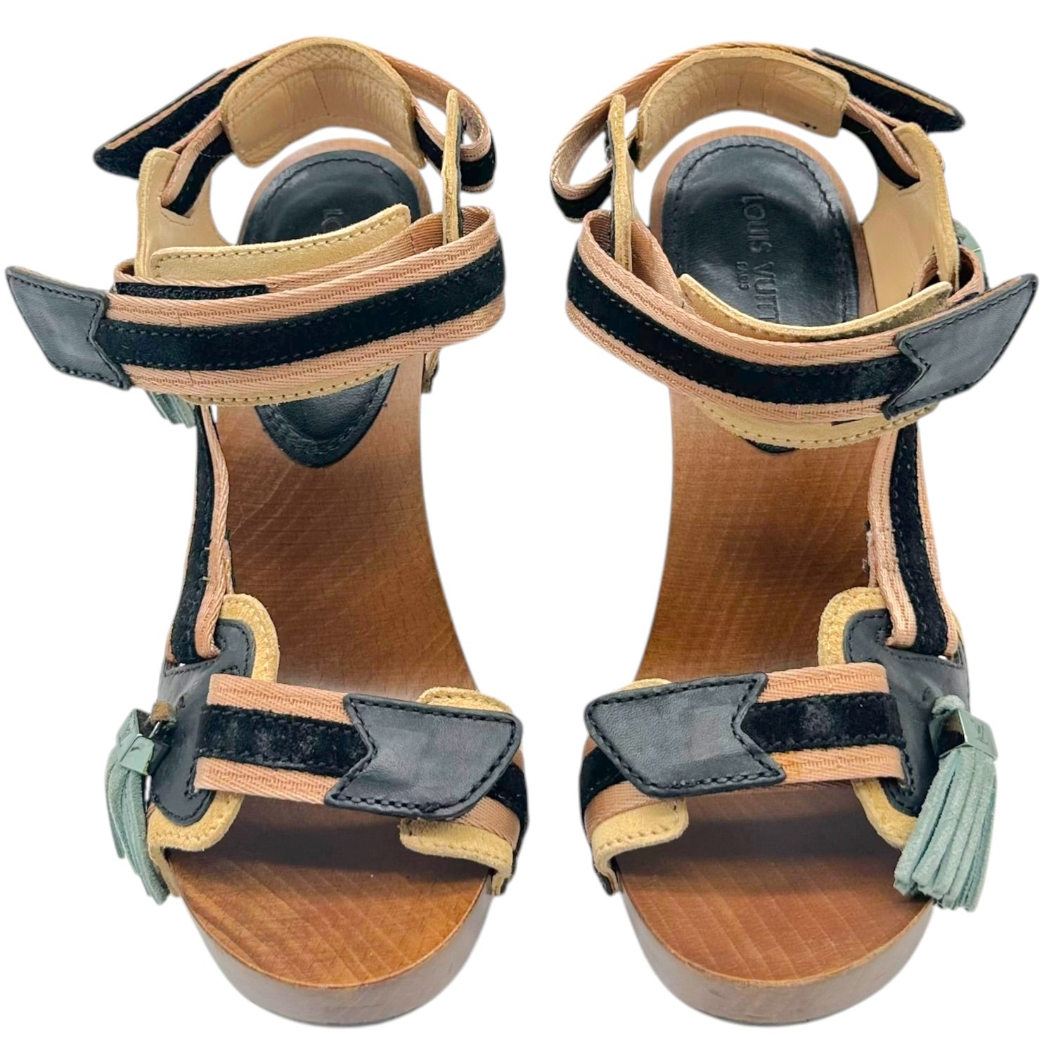 Louis Vuitton Runway Heels Black Beige Wood Metal Tassel