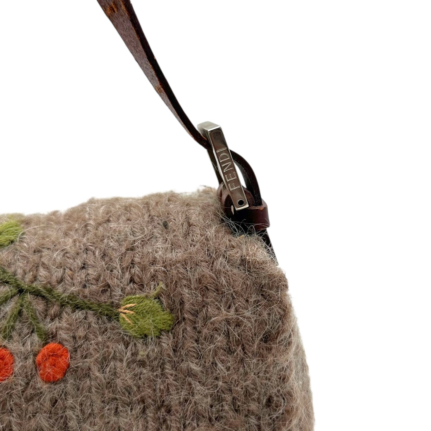 Fendi Gray Wool Cherry Embroidered Baguette Bag RARE
