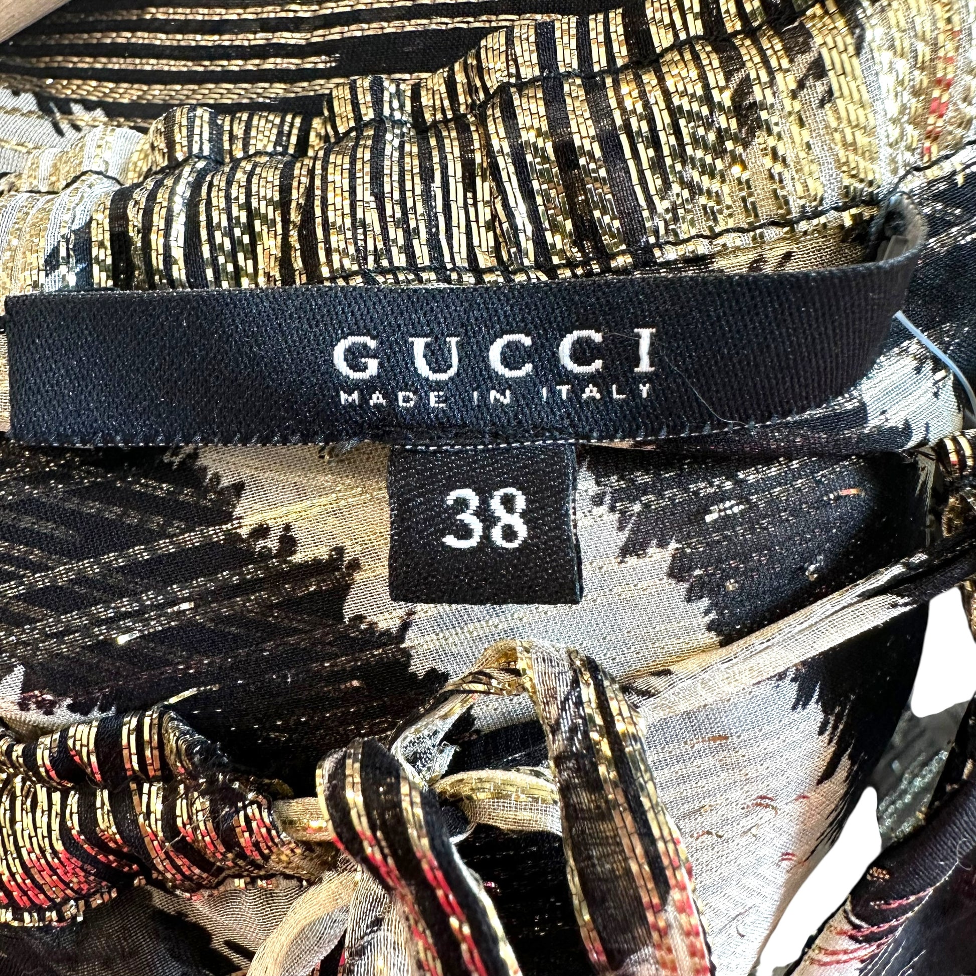 Gucci Gold Metallic Zebra Print Silk Blouse