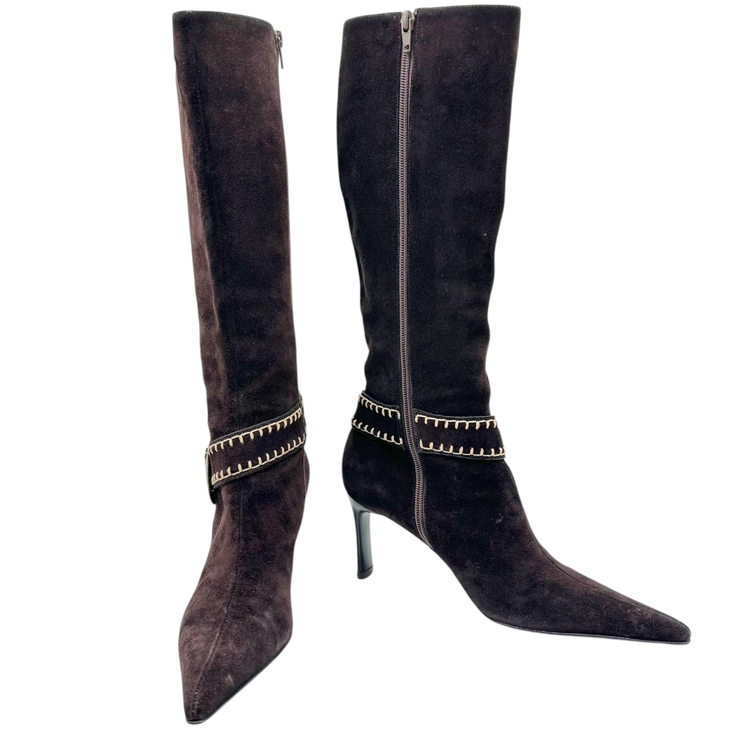 Casadei Brown Suede Whipstitch Pointed Toe Heeled Boots