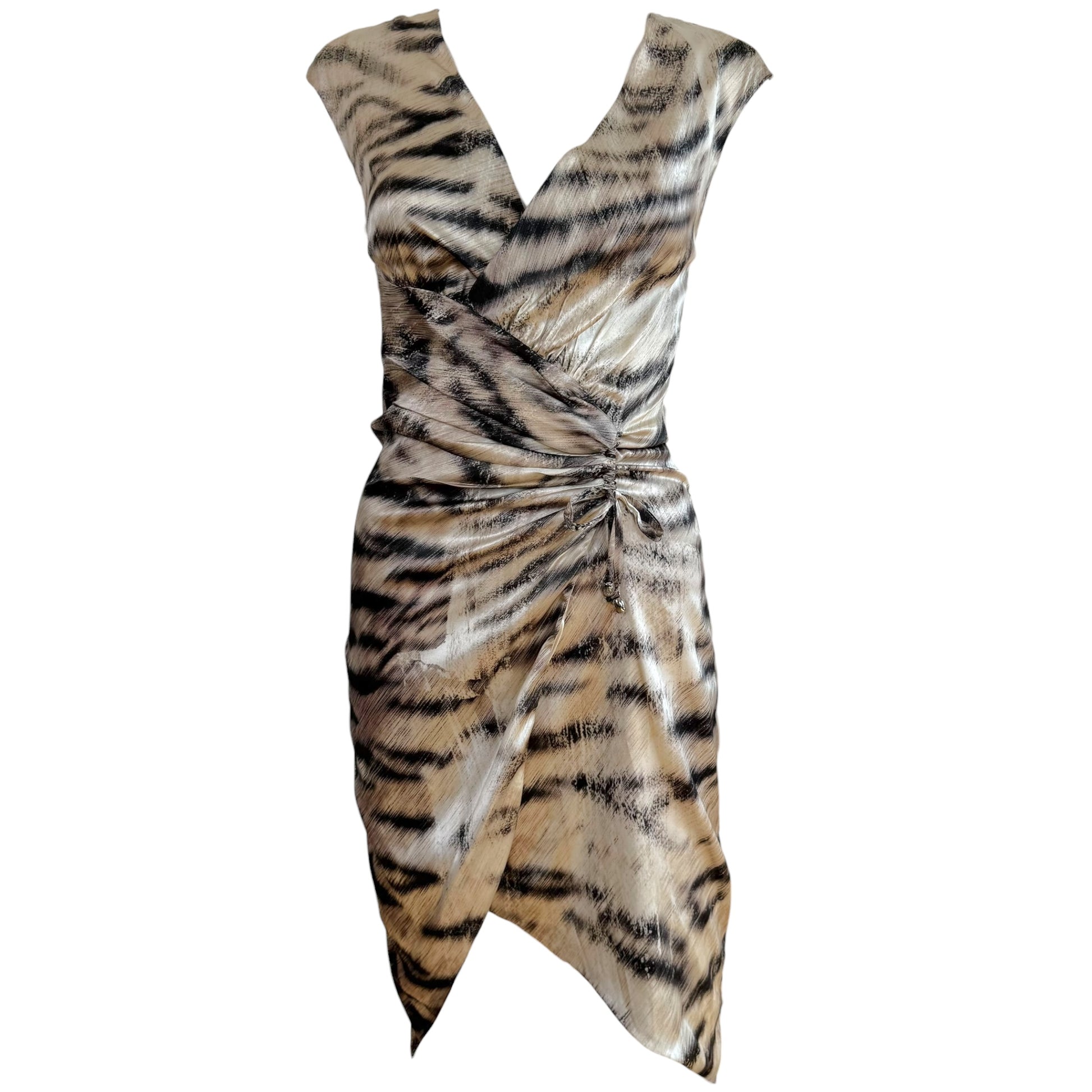 Roberto Cavalli Gray Tiger Print Silk Wrap Midi Dress
