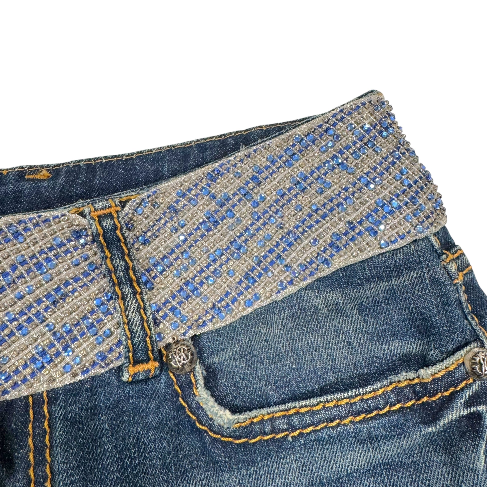 Roberto Cavalli 2005 Blue Crystal Waistband Straight-Leg Jeans - Outfit Repeater