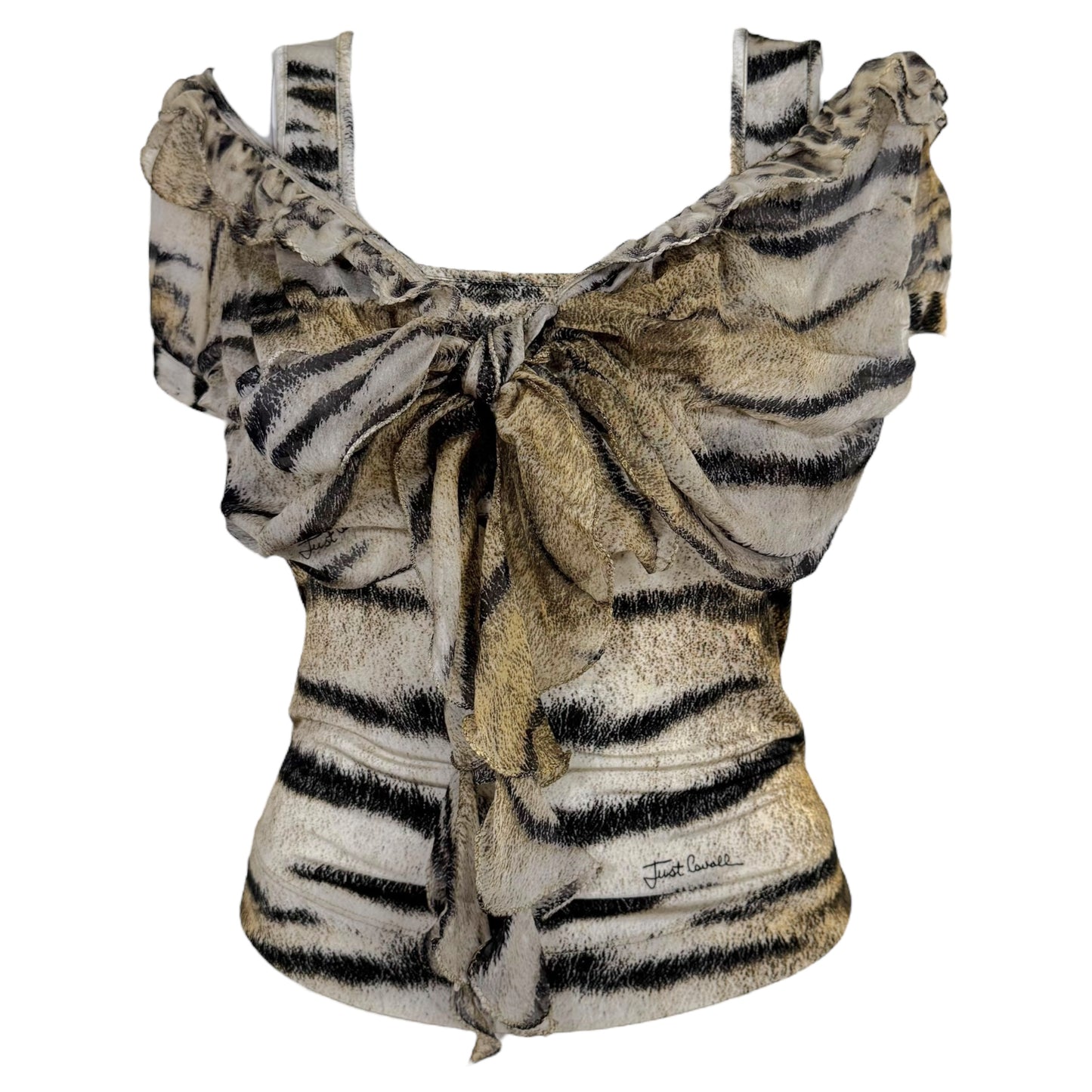 Just Cavalli Roberto Cavalli Tiger Print Silk Overlay Top - Outfit Repeater