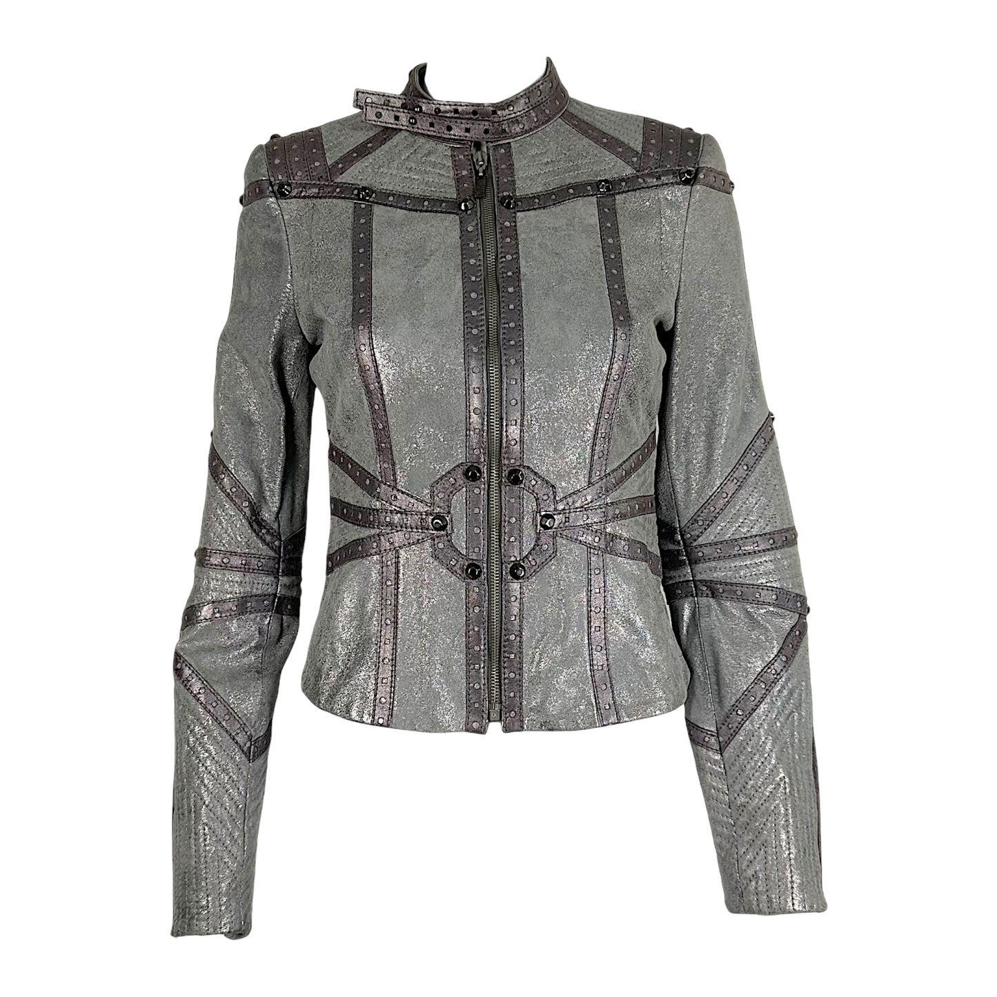Just Cavalli Roberto Cavalli Metallic Silver & Gray Studded Suede Moto Jacket NEW