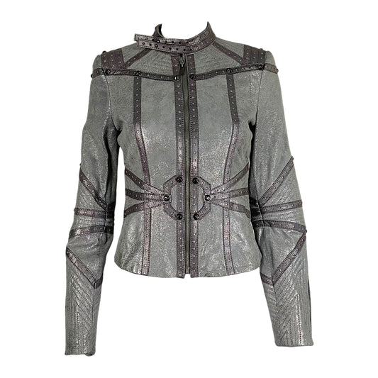 Just Cavalli Roberto Cavalli Metallic Silver & Gray Studded Suede Moto Jacket NEW
