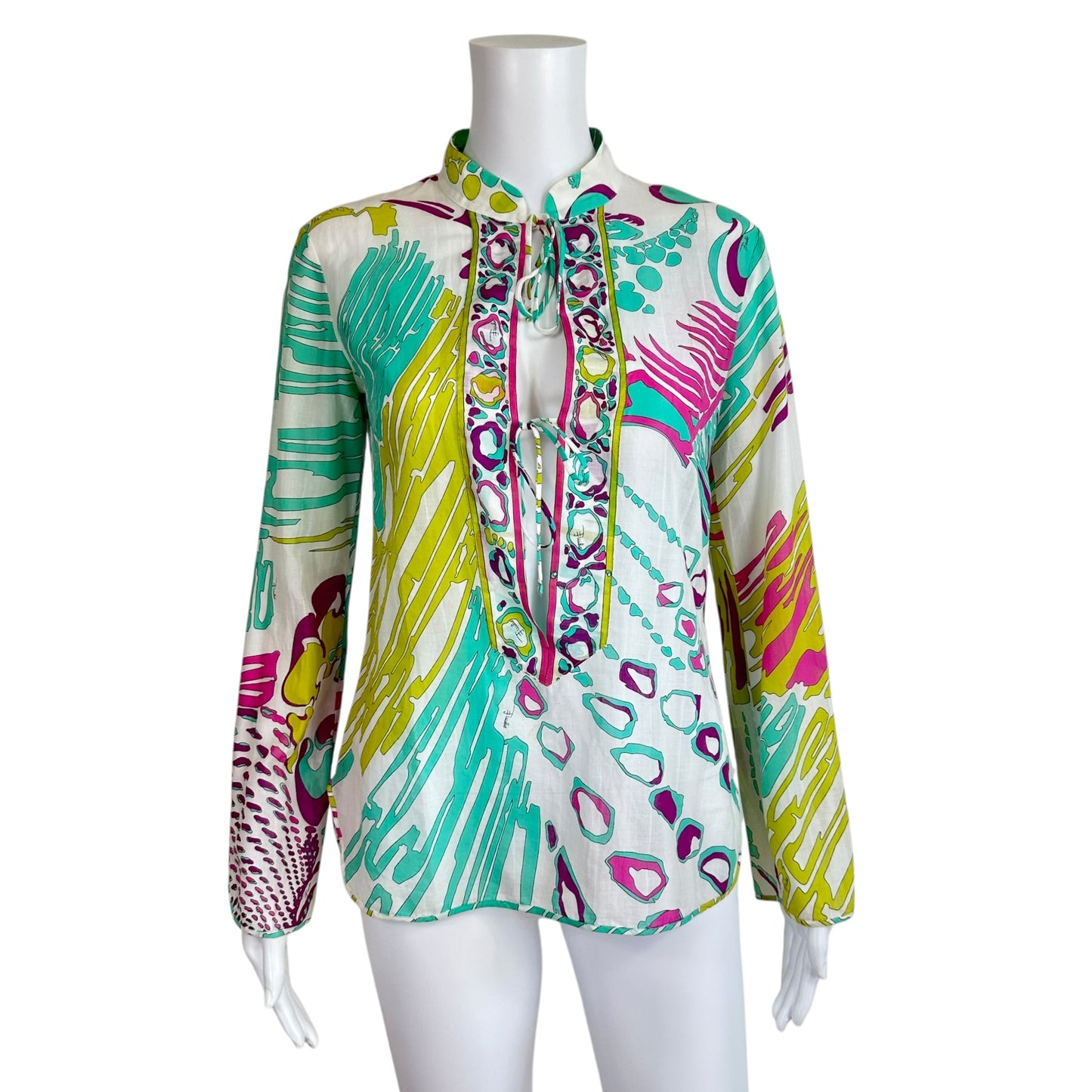 Emilio Pucci Turquoise & Pink Printed Semi-Sheer Blouse