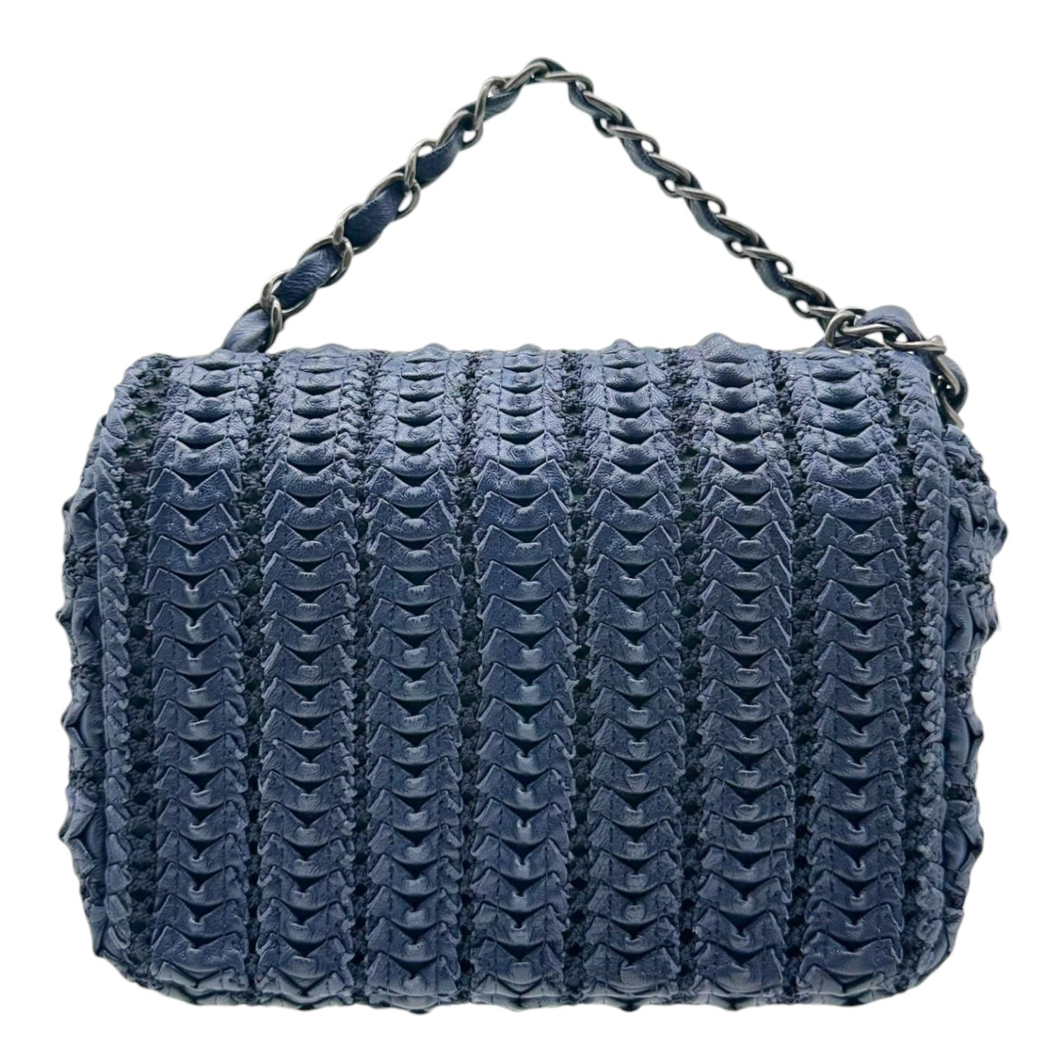 Chanel Small Square Flap Bag Navy Blue Woven Leather