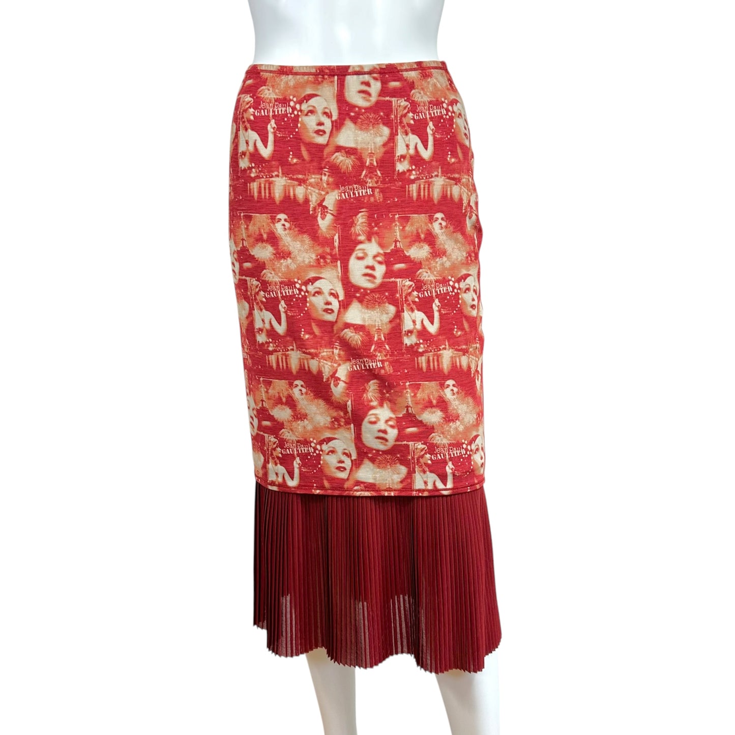 Jean Paul Gaultier Burgundy Face Print Pleated Hem Midi Skirt