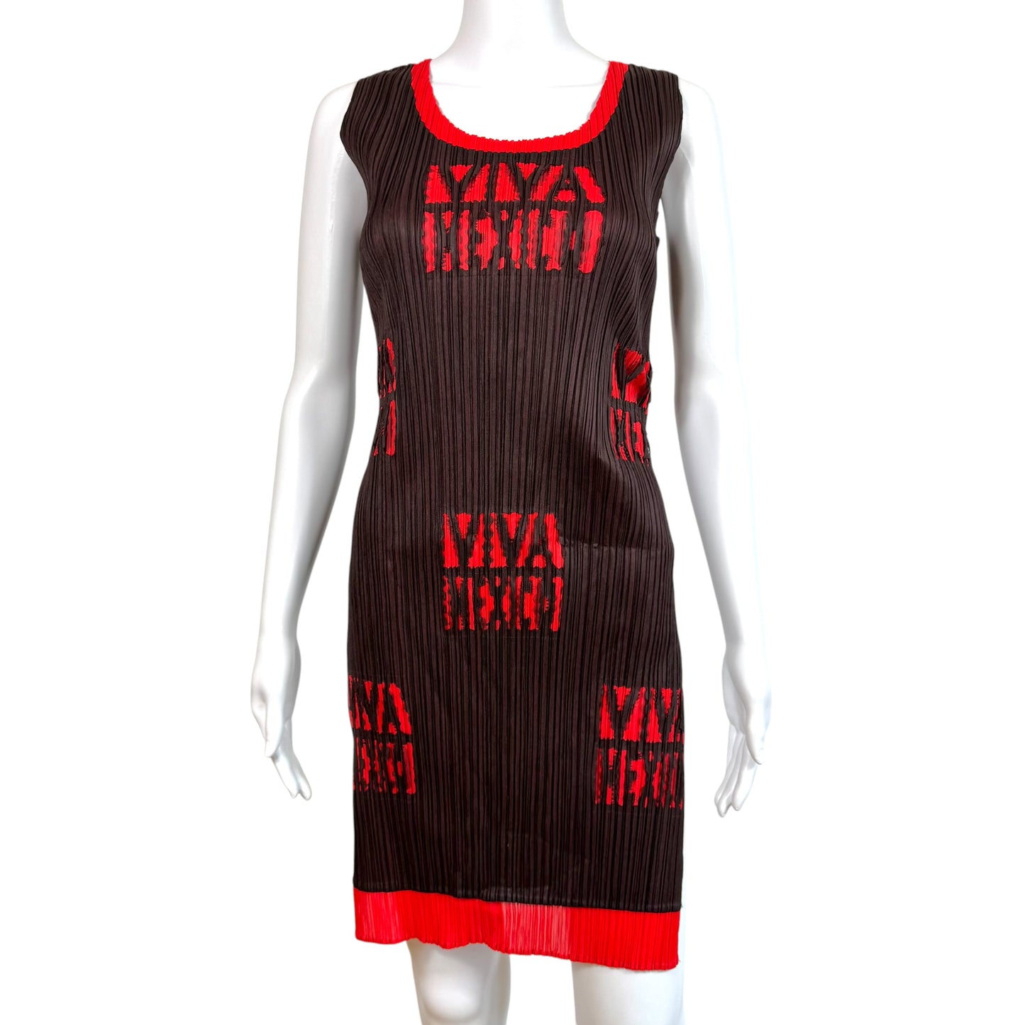 Issey Miyake Pleats Please Brown & Red 'Viva Mexico" Cut-Out Pleated Mini Dress Sz 5