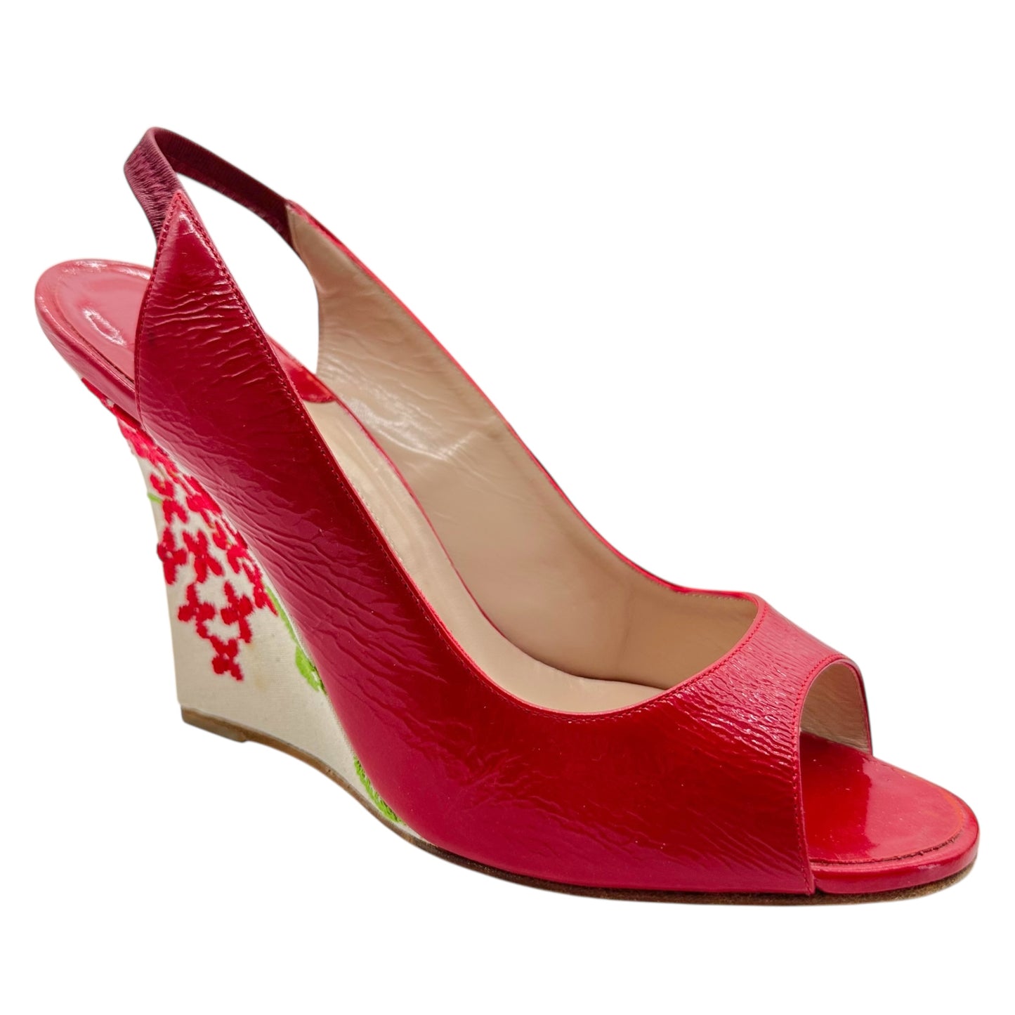 Manolo Blahnik Red Leather & Floral Embroidered Slingback Wedges