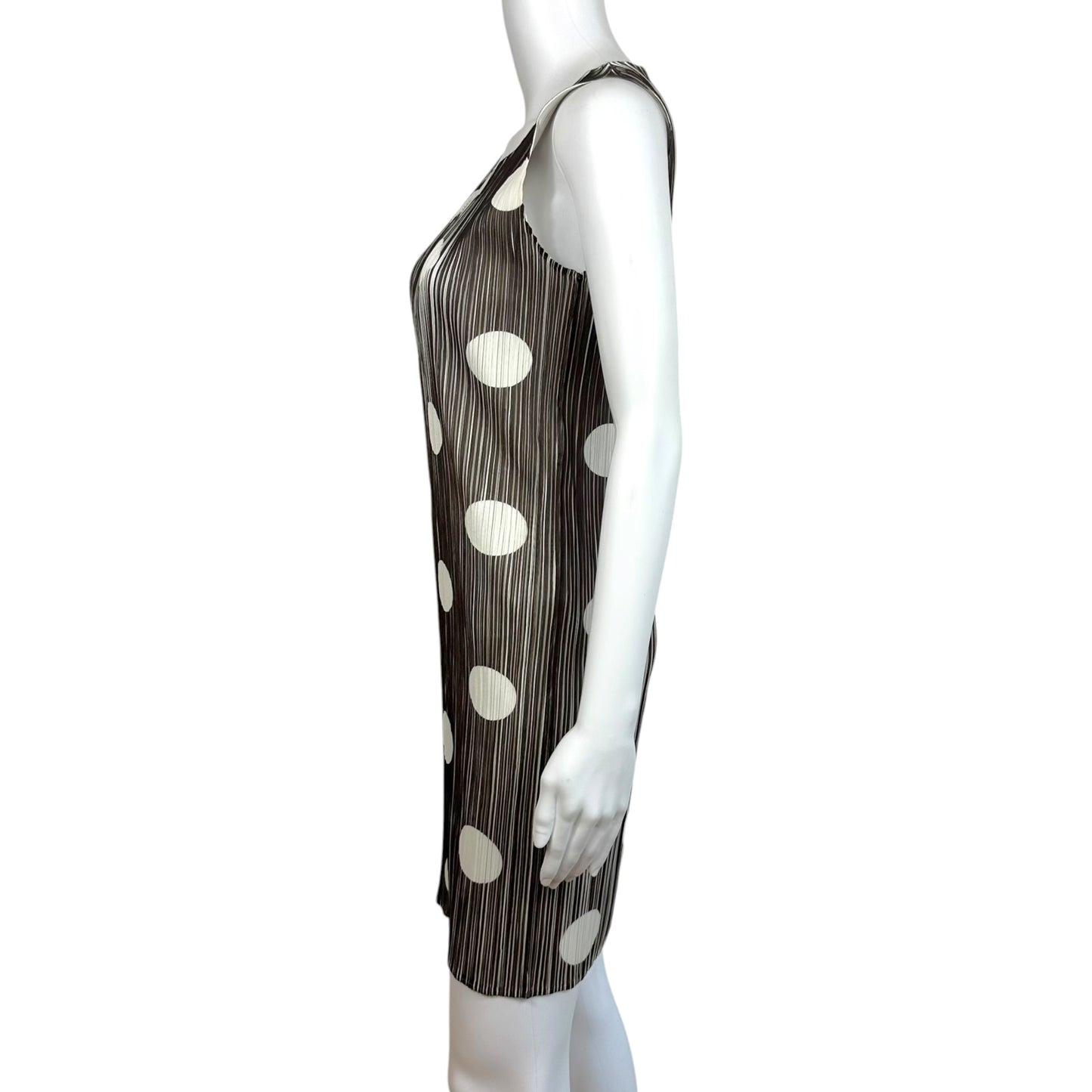 Issey Miyake Pleats Please Brown & White Polka Dot Print Pleated Mini Dress