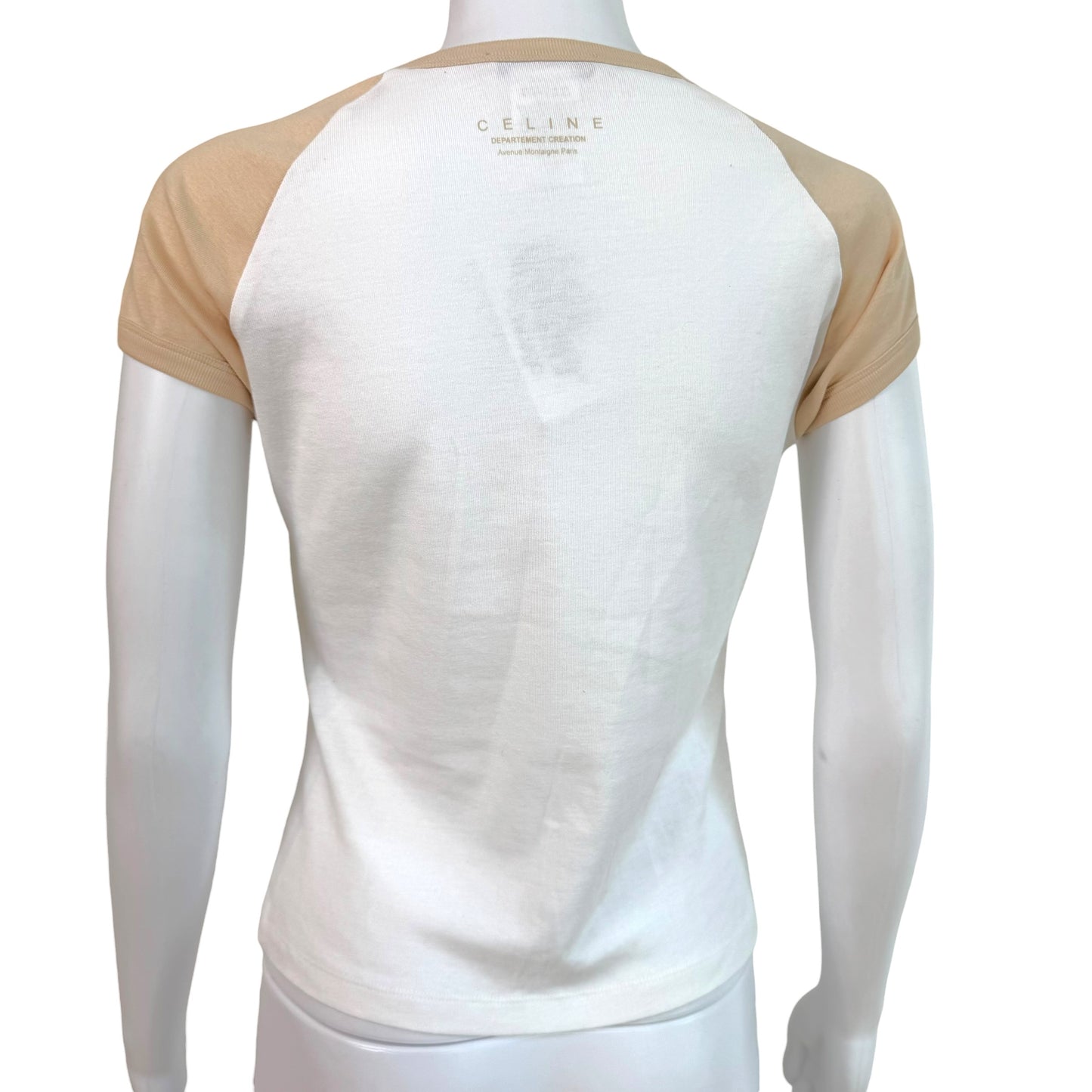 Celine Beige White Studded Triomphe Logo T-Shirt