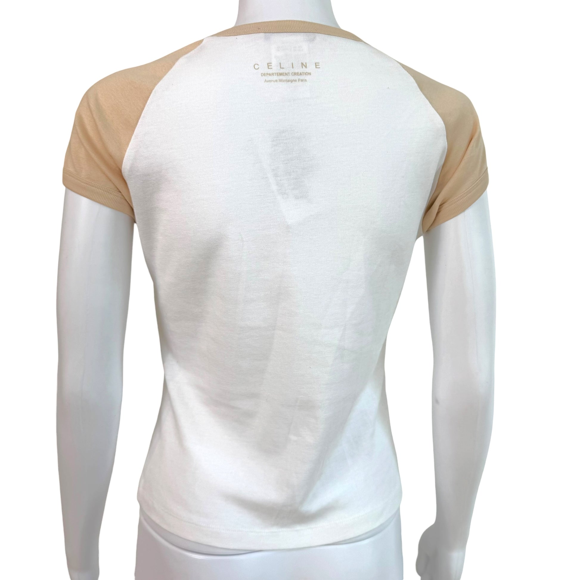 Celine Beige White Studded Triomphe Logo T-Shirt