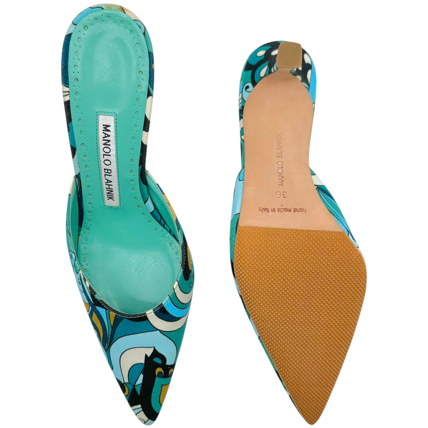 Manolo Blahnik Turquoise Swirl Print Kitten Heel Mules