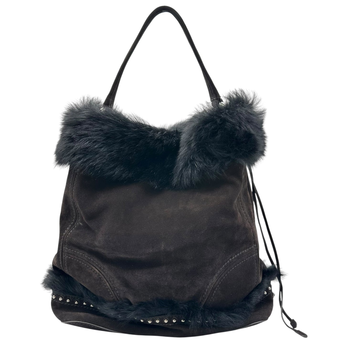 Prada Black Shearling & Fur Studded Hobo Bag