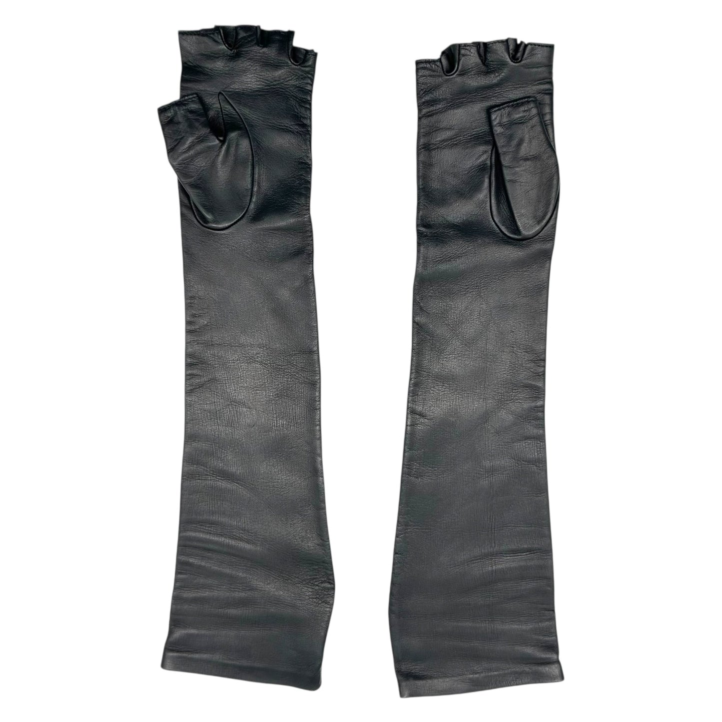 Chanel Black Leather Elbow Length Fingerless Gloves