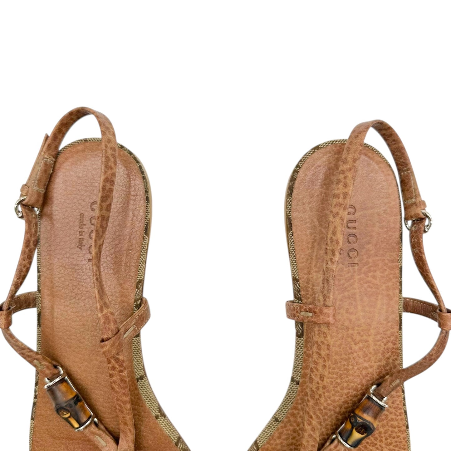 Gucci Tan Monogram Leather Bamboo Flip Flops Size 38.5