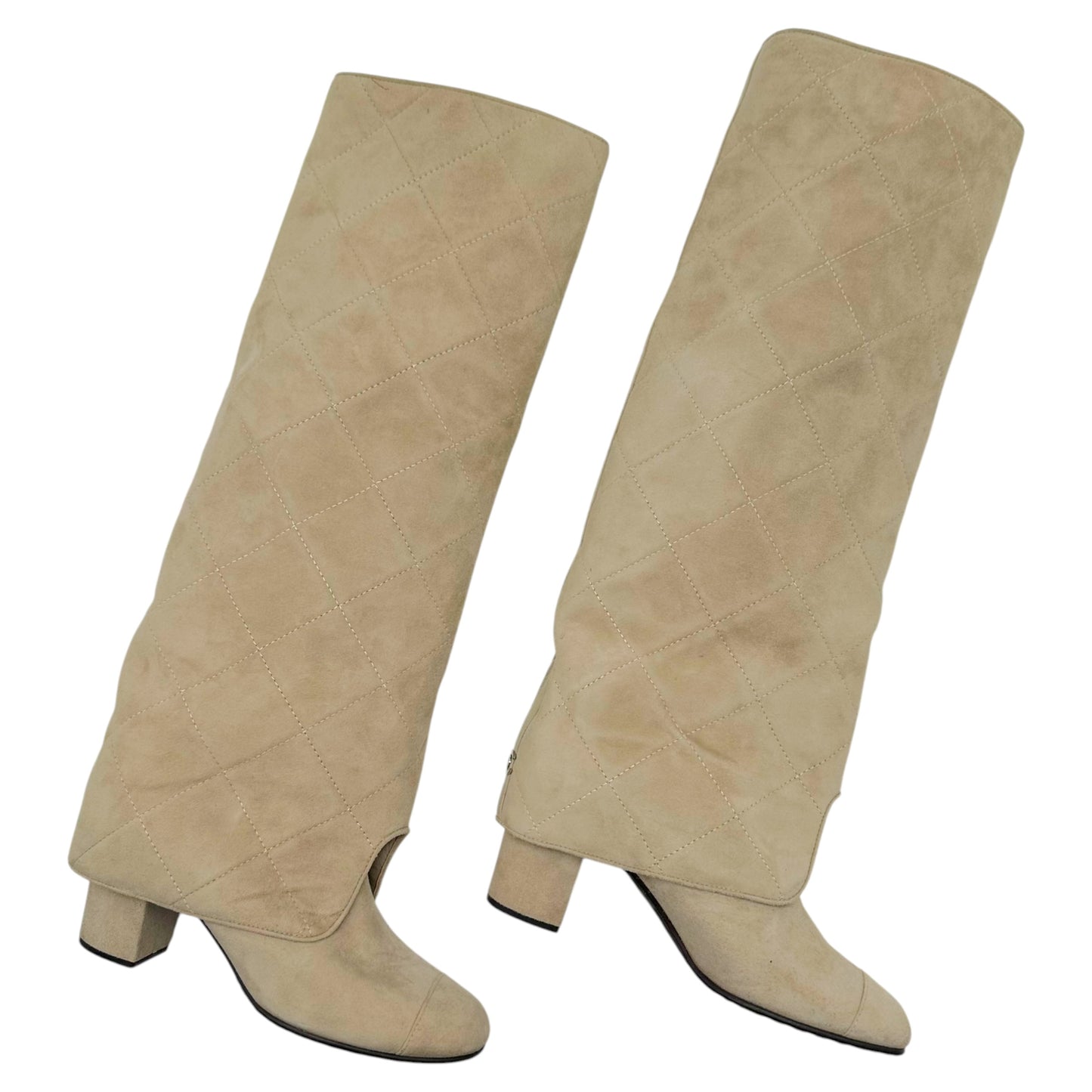 Chanel Tan Suede Quilted Fold-Over Boots