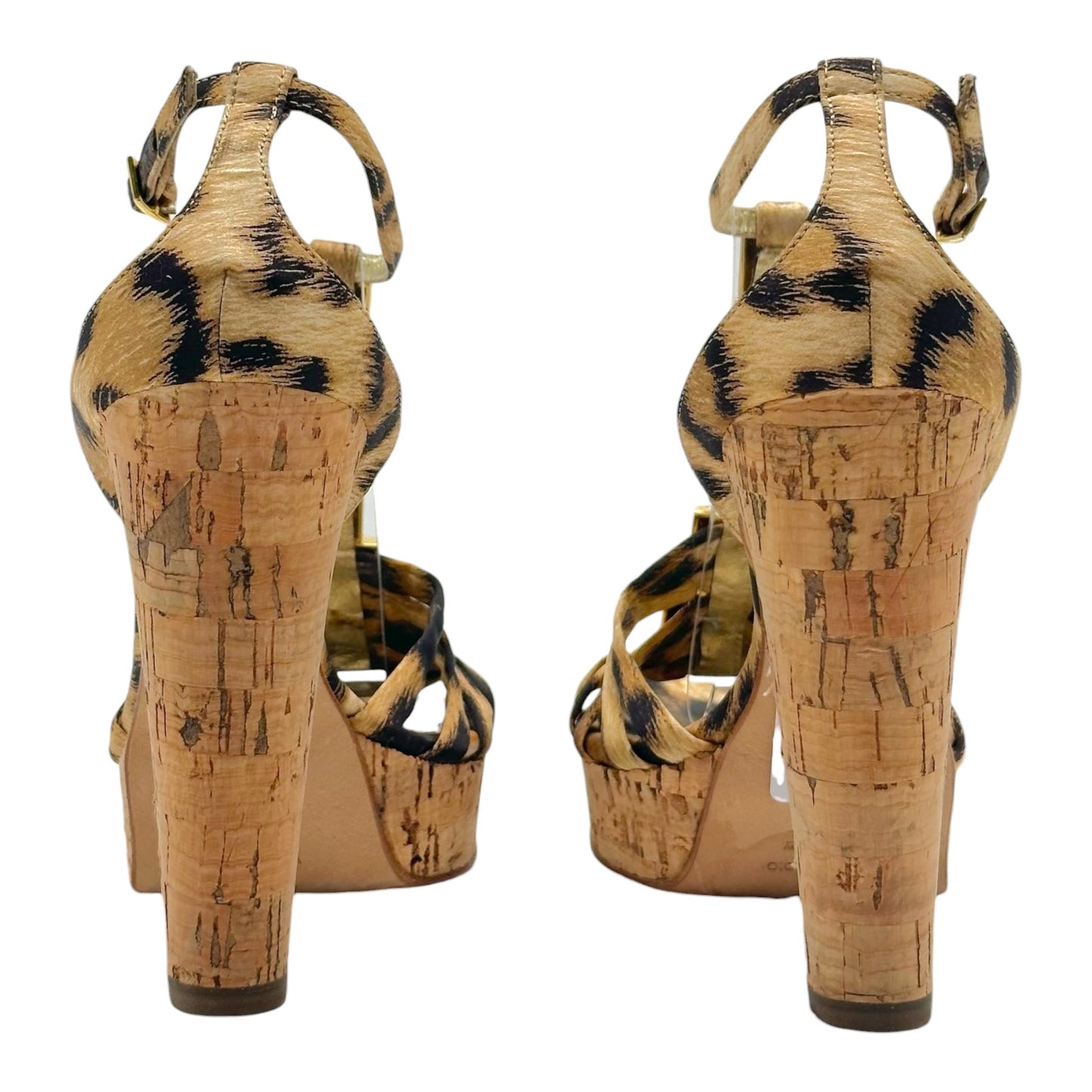 Roberto Cavalli Leopard Satin & Gold Embellished Cork Platform Sandal Heels