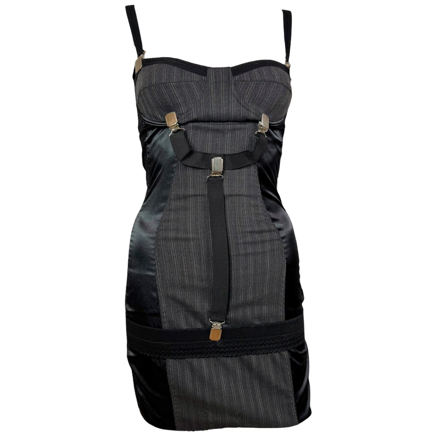 Dolce & Gabbana Pinstripe Suspender Mini Dress Black Gray