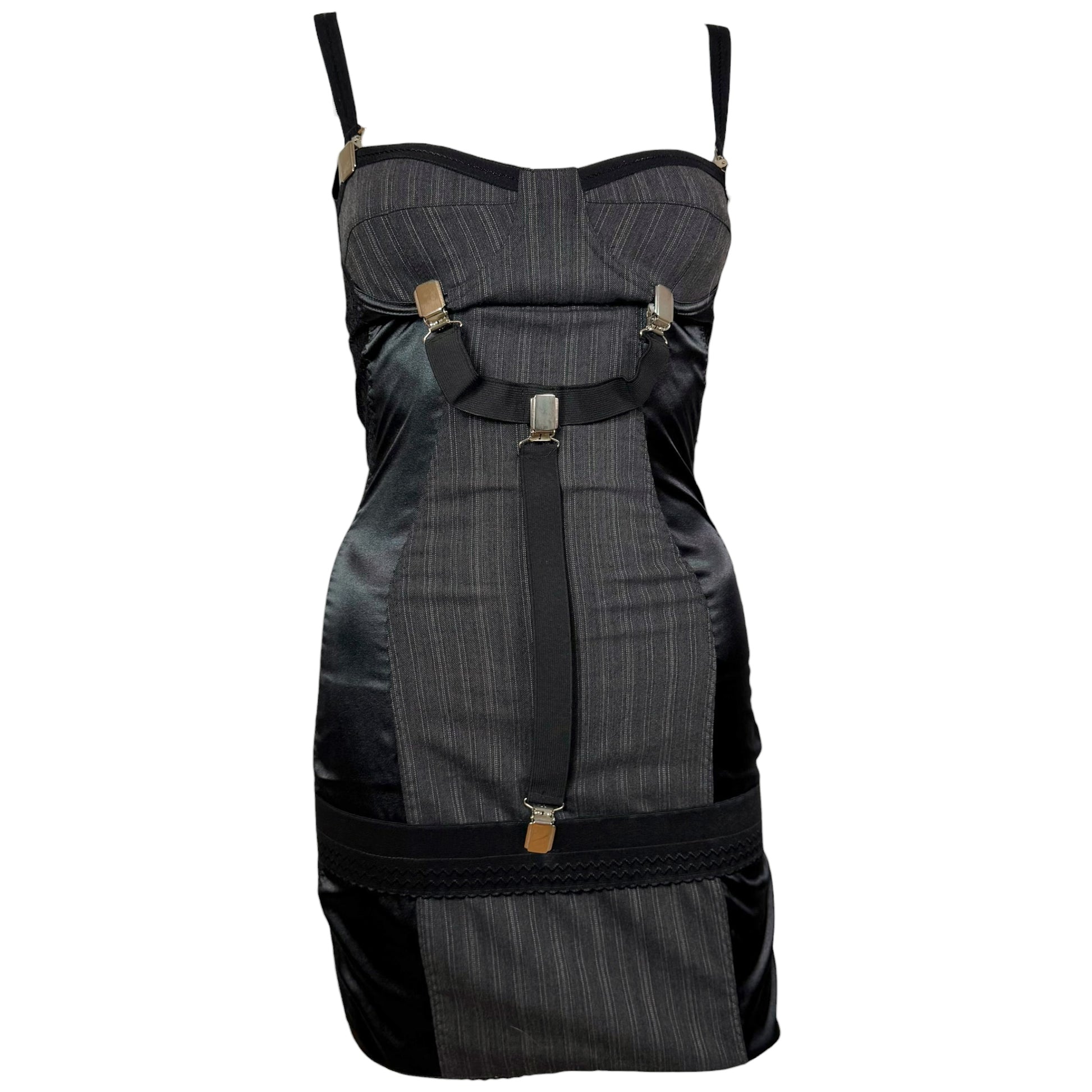 Dolce & Gabbana Pinstripe Suspender Mini Dress Black Gray