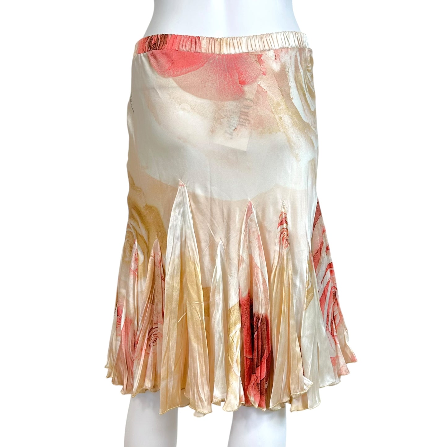 Roberto Cavalli 2004 Light Pink Rose Print Silk Pleated Midi Skirt