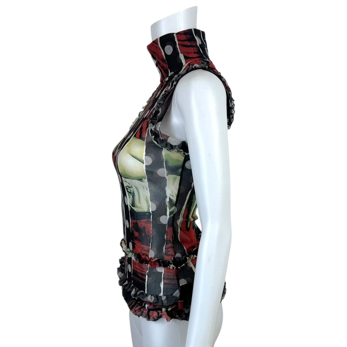 Jean Paul Gaultier Polka Dot Figure Print Sleeveless Turtleneck Mesh Tank