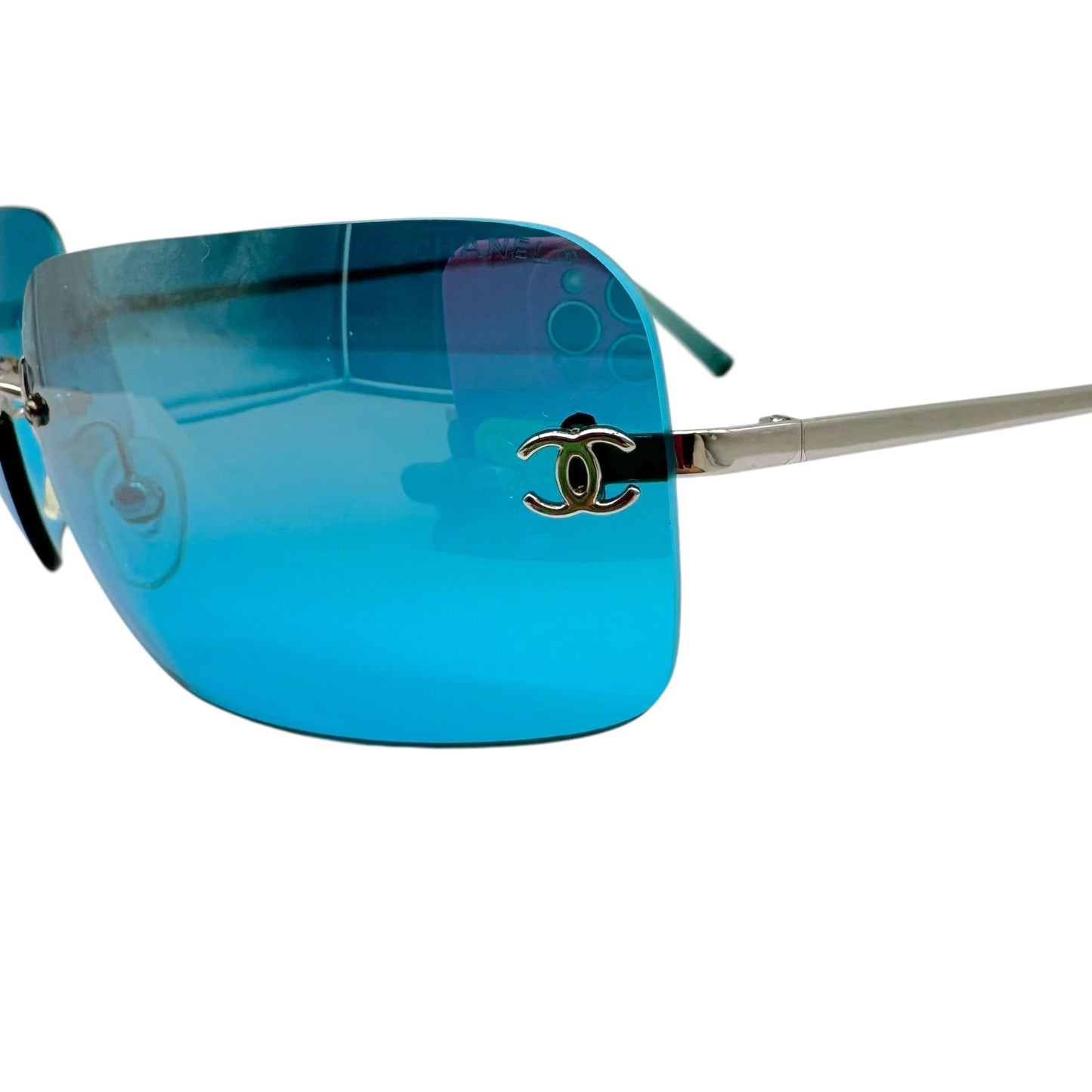 Chanel Rimless Rectangle Sunglasses Turquoise Silver