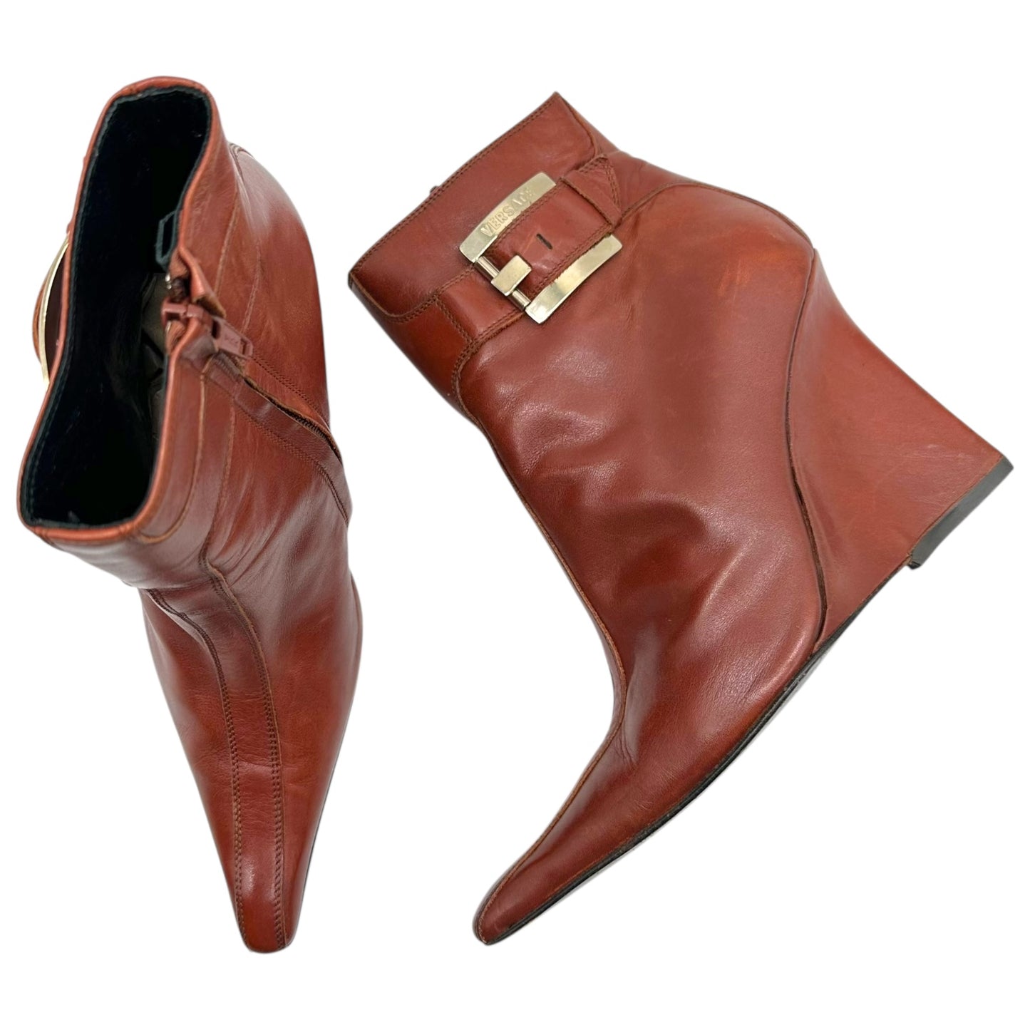 Versace Brown Leather Wedge Heel Booties