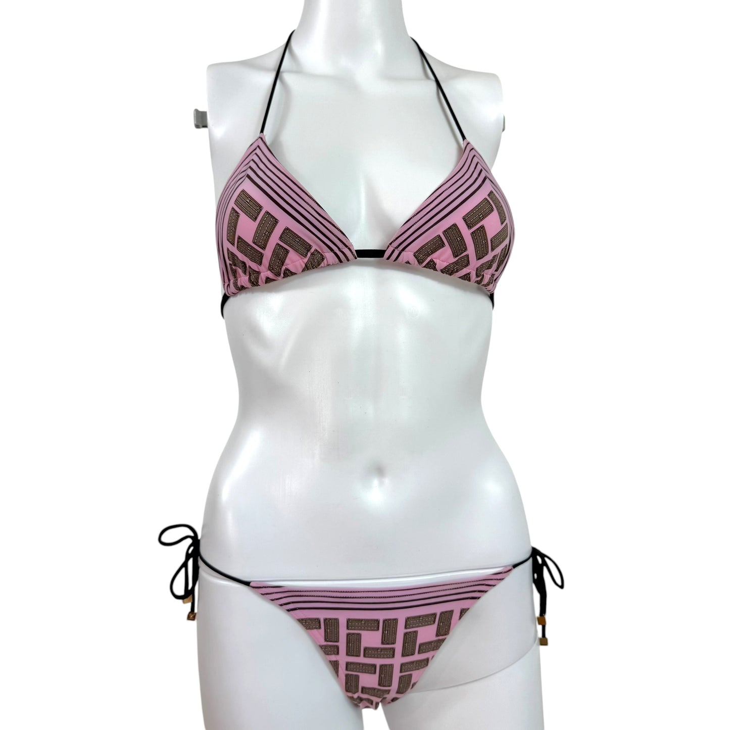Louis Vuitton Pink & Brown Trunk Print Triangle Tie Bikini Set