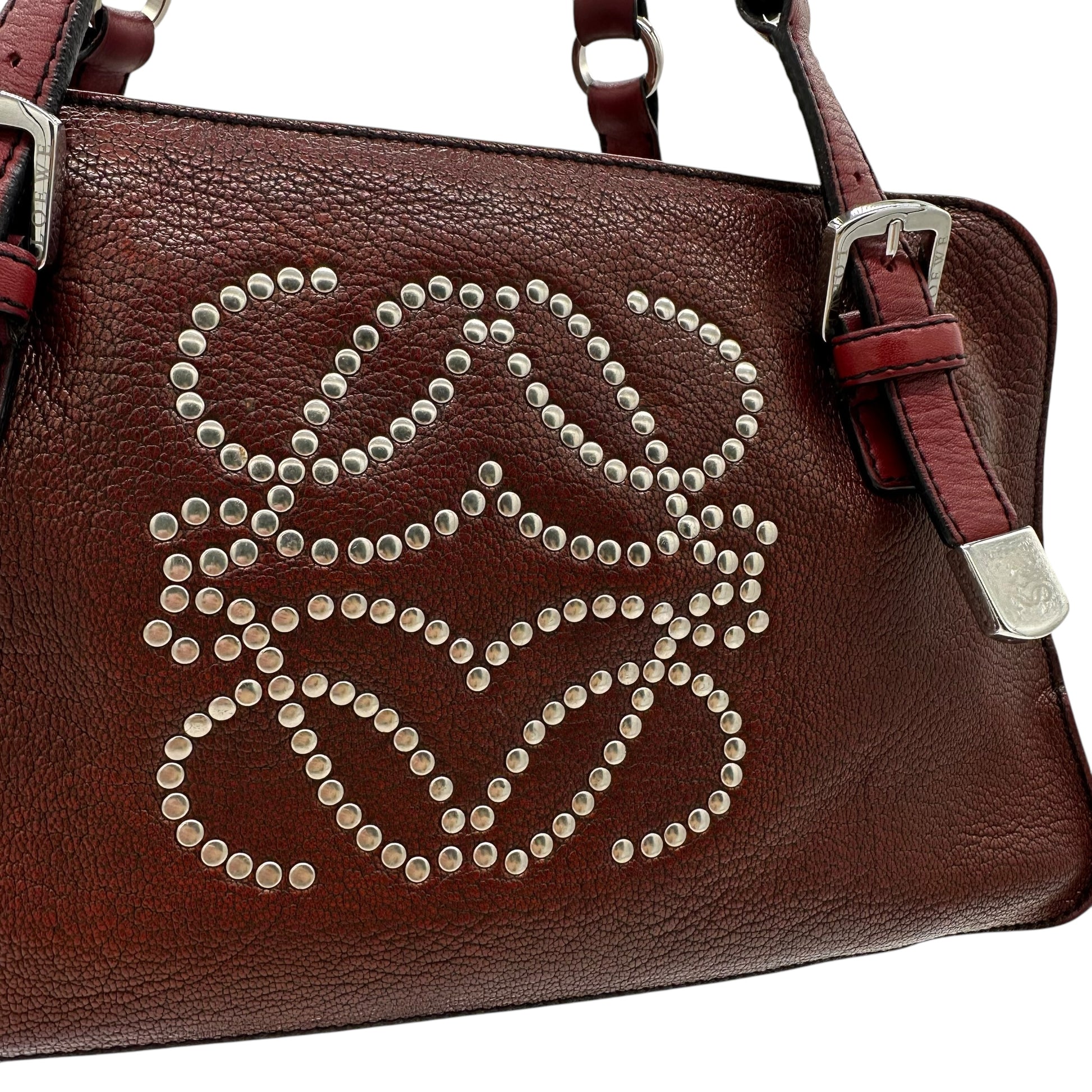 Loewe Burgundy Leather Studded Logo Shoulder Bag - Outfit Repeater