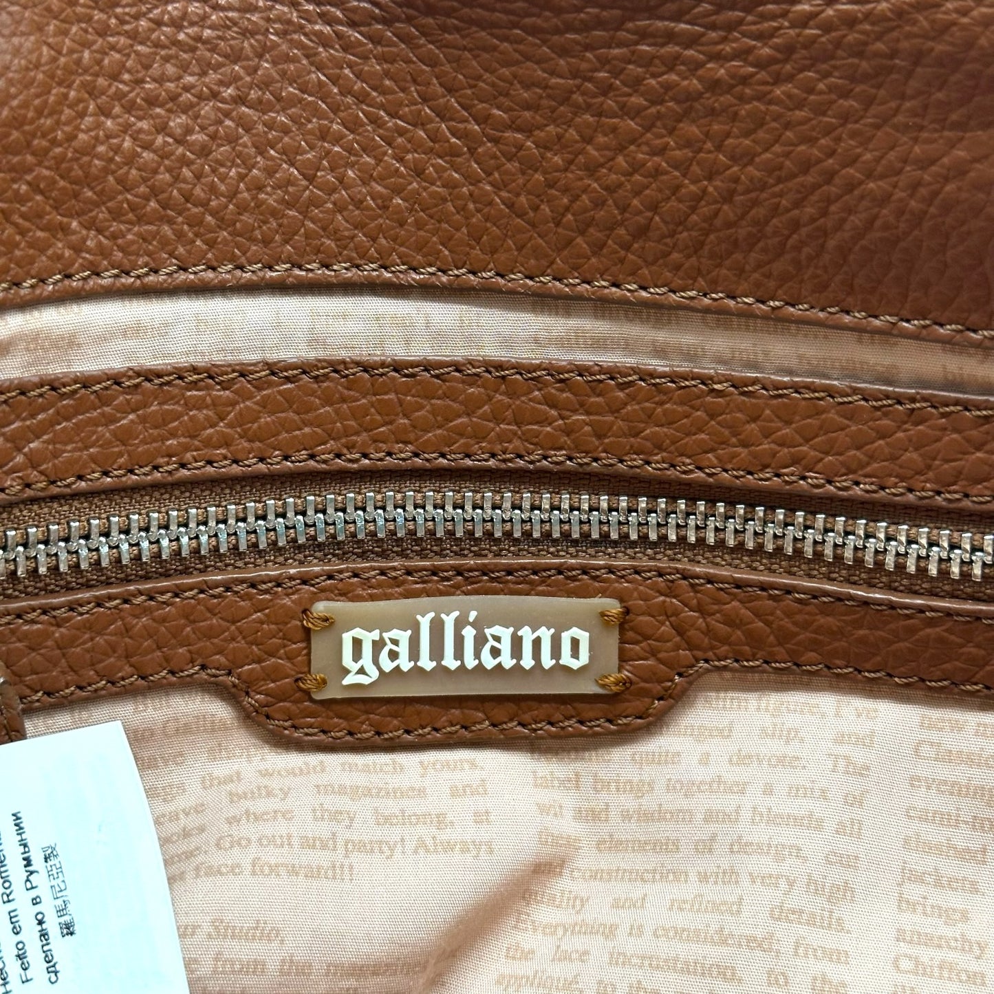 Galliano Brown Leather & Denim Logo Stripe Handbag