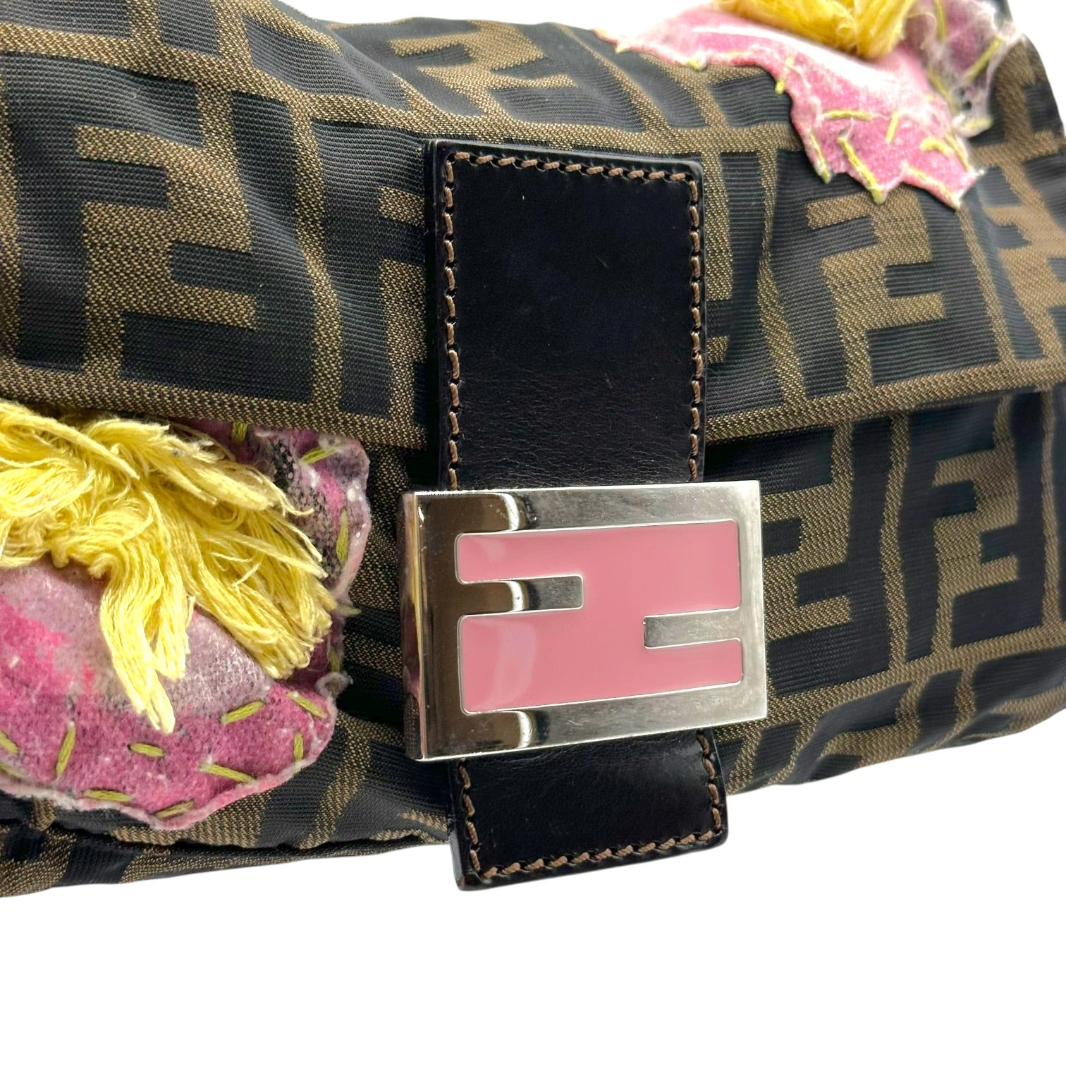 Fendi Baguette Bag Brown Monogram Pink Floral Applique