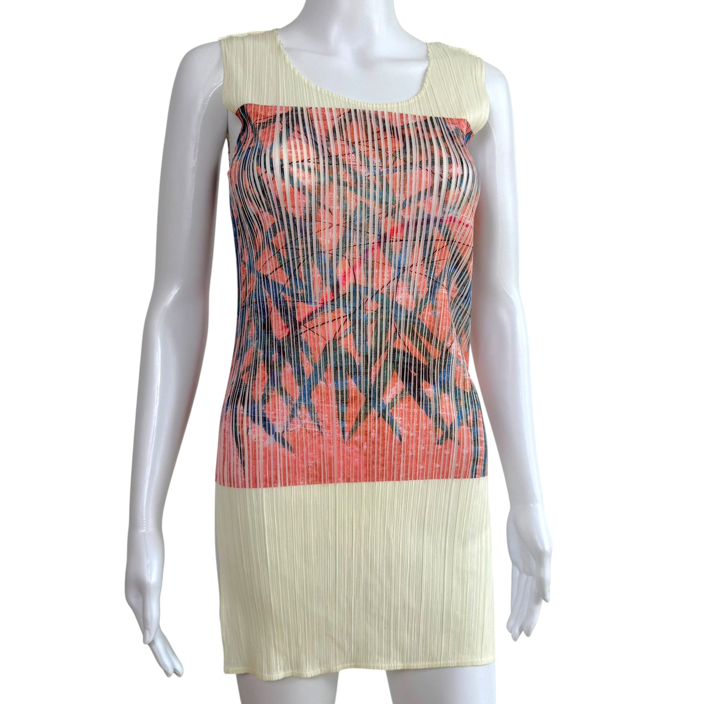 Issey Miyake Pleats Please Ivory Bamboo & Art Print Pleated Tunic Top Sz 3 NEW